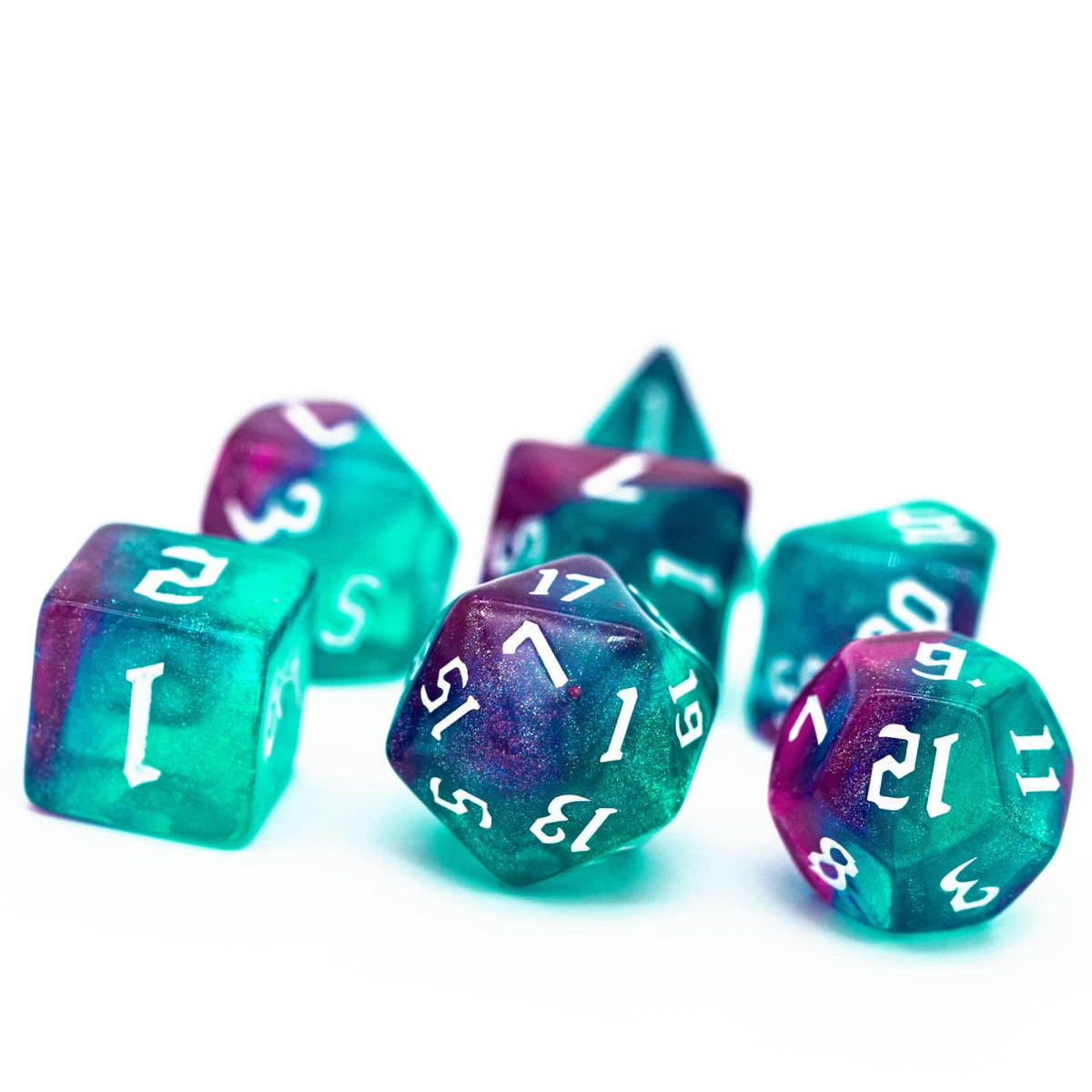Poludie 7-Die DND Dice Set – Rose Blue Glitter with Leather Bag