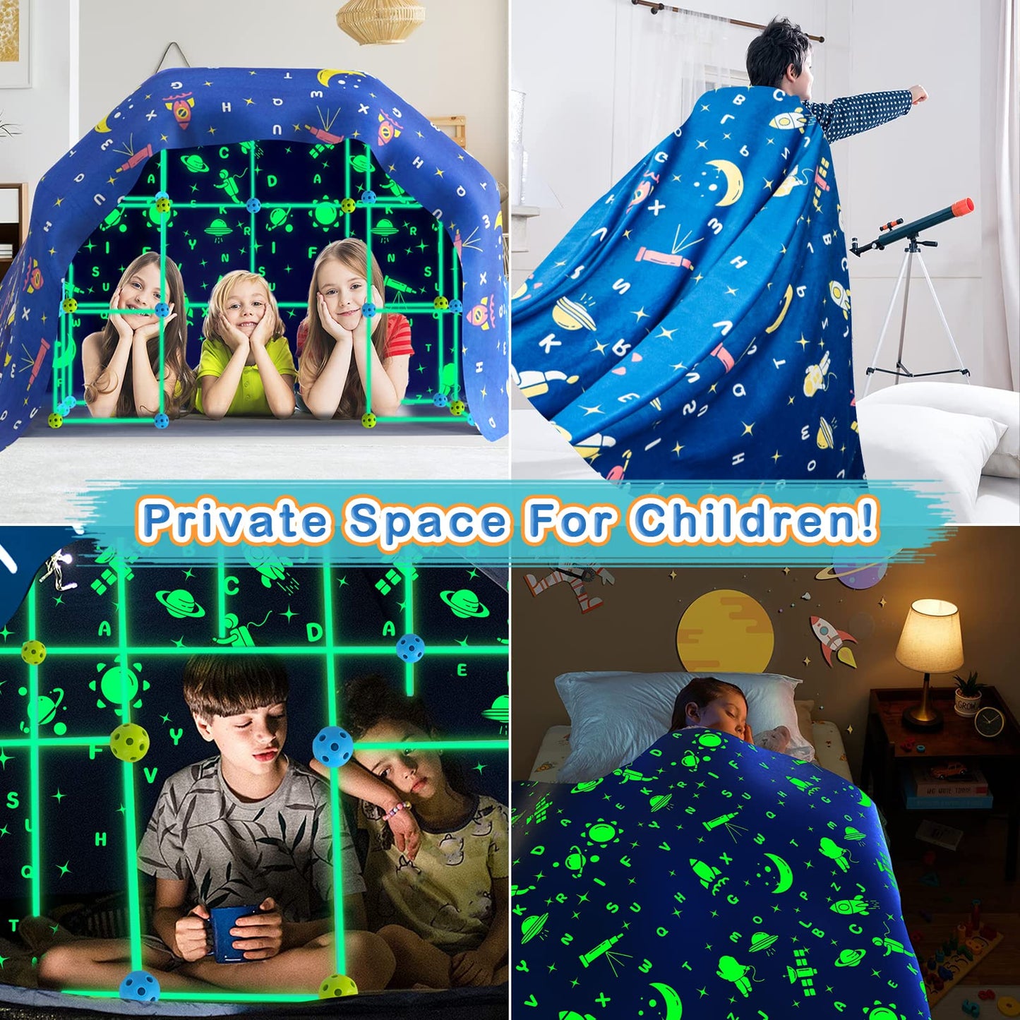 Pomasy 160PCS Kids Fort Building Kit – Glow in the Dark, STEM DIY Indoor Outdoor