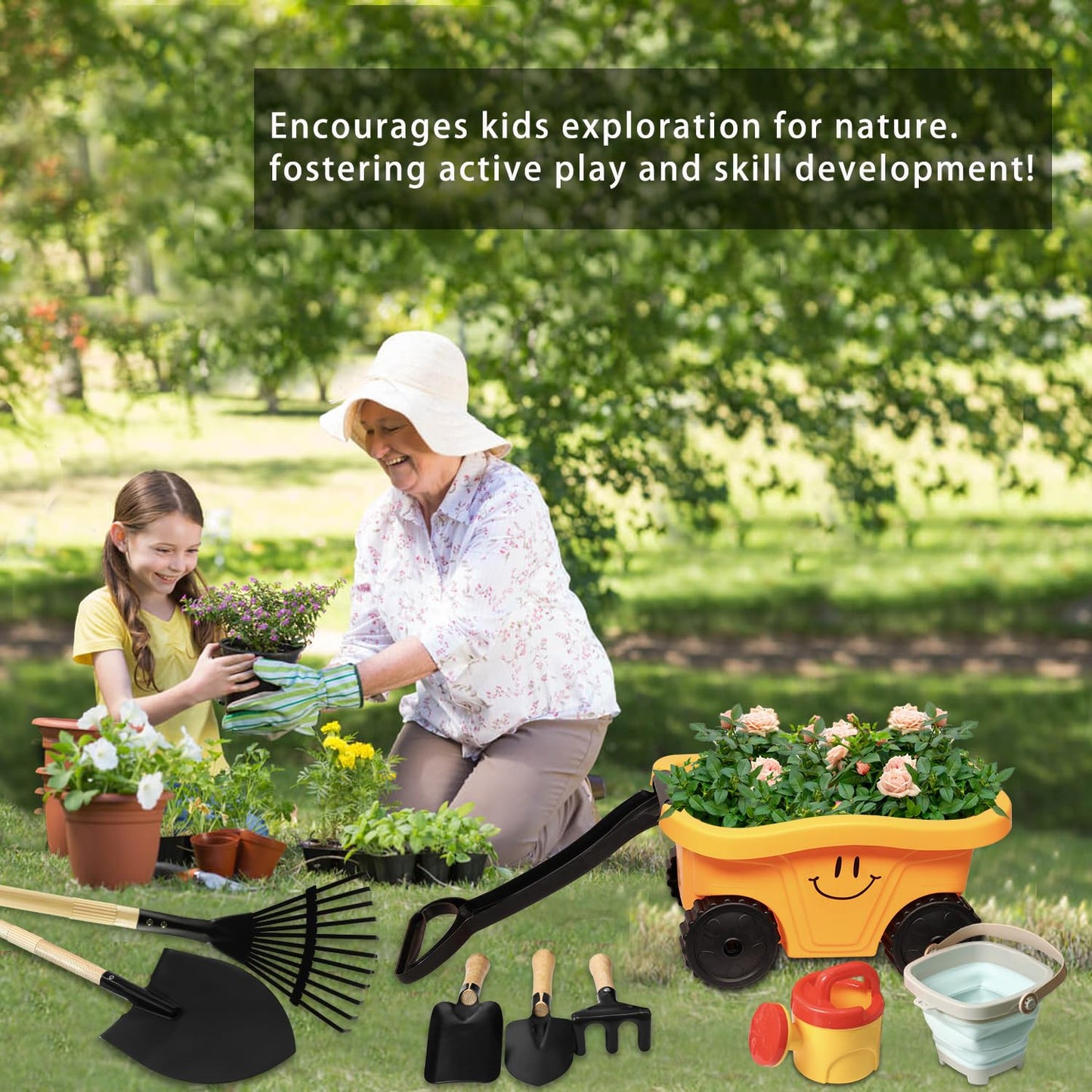 POMIKU Toddlers Gardening Set with Wagon – 7-Piece Outdoor Garden Toys for Ages 2-5