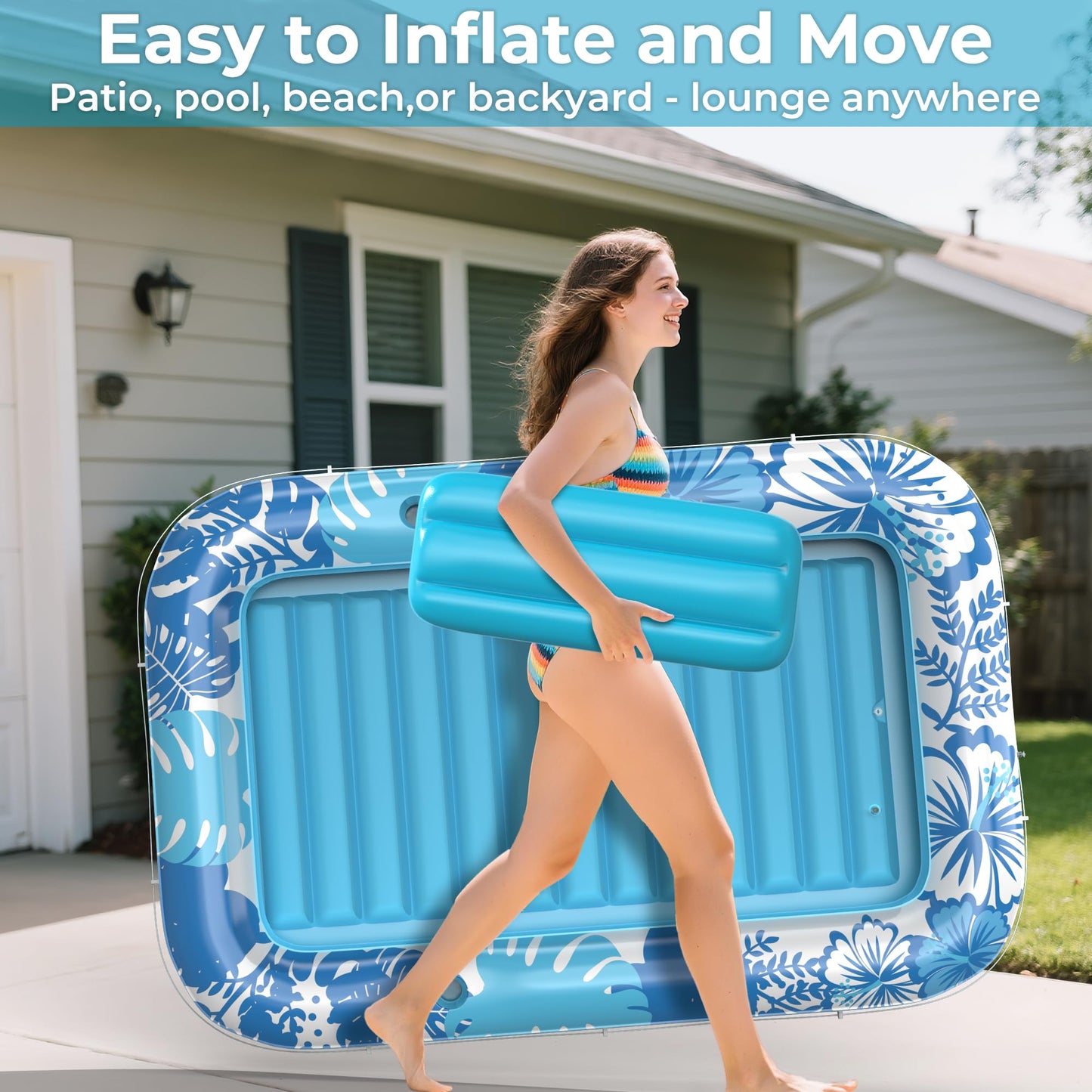 POOLACC Inflatable Tanning Pool Lounger Float – 70x46 in, 6-in-1 with Protection Mat & Cup Holders (Blue)