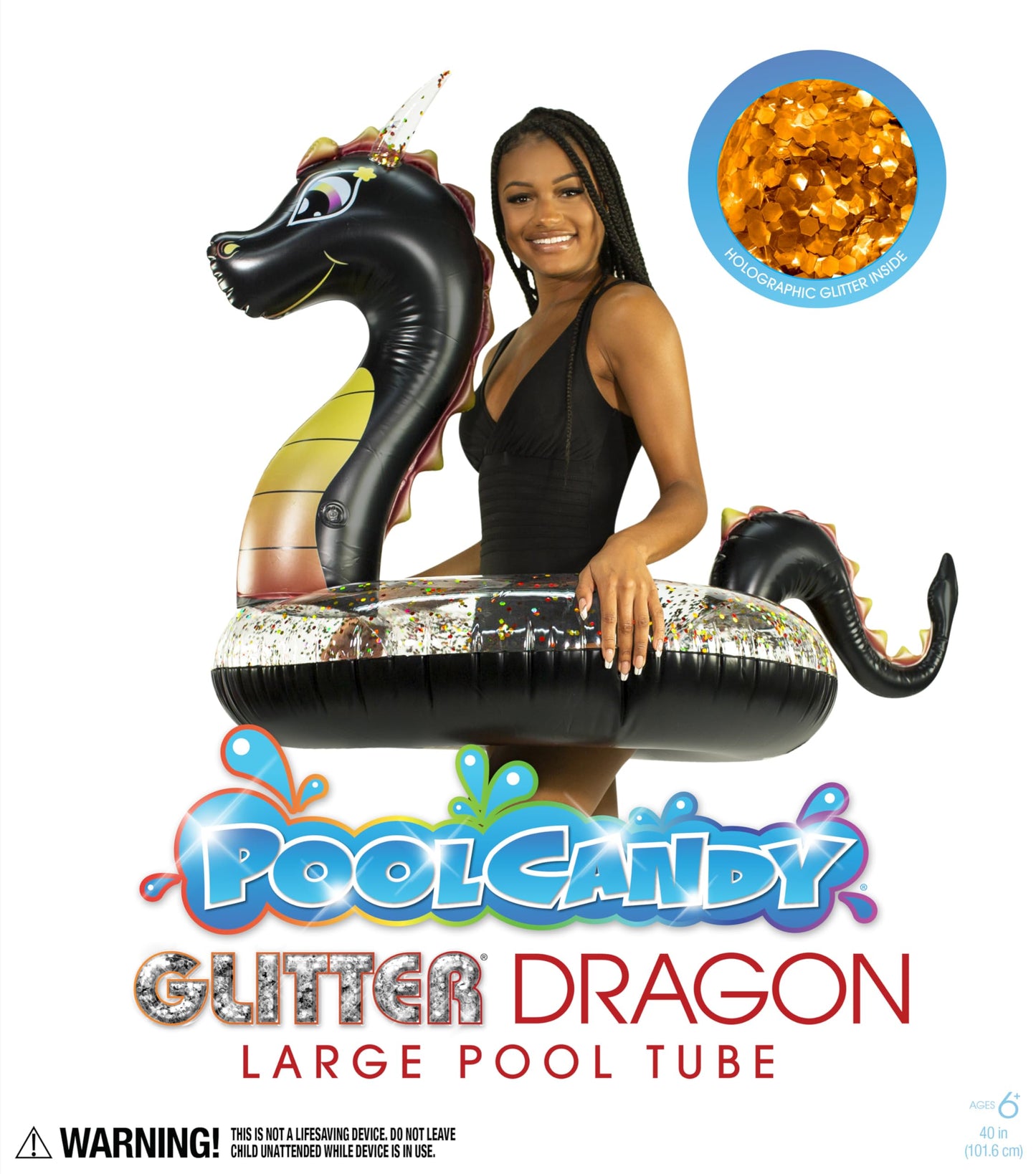 Poolcandy Black Sea Dragon 40-inch Inflatable Pool Tube with Glitter