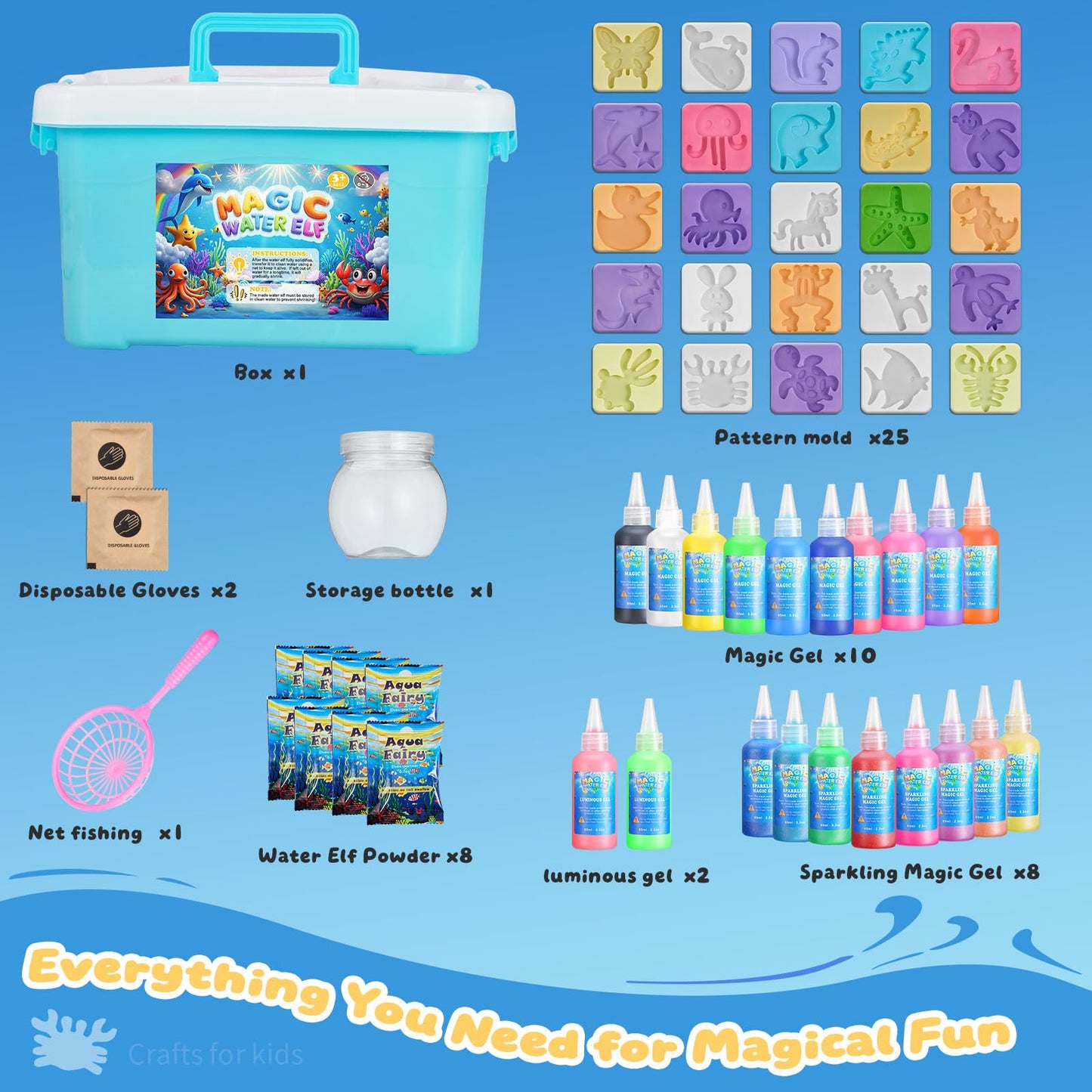 Poonoo Crafts Kits Toys – Magic Water Gel Kit with 25 Molds, 20 Colors for Kids 3-12