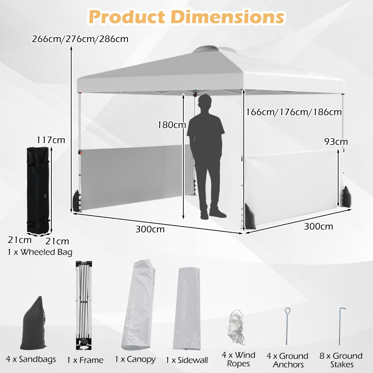 300 X 300 CM Pop up Canopy Tent with 2 Half Sidewalls-Grey