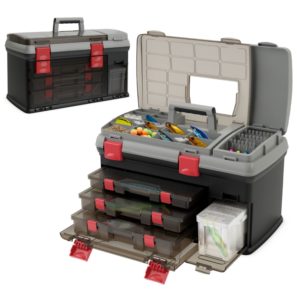 Portable Large Tackle Fishing Box with 3 Customizable Boxes and Side Storage Box