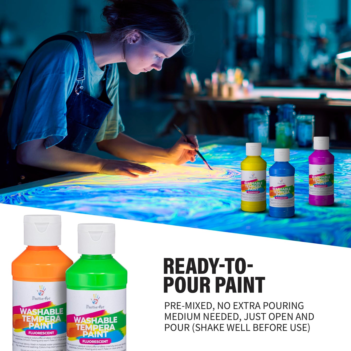 Positive Art Neon Fluorescent Washable Tempera Paint – UV-Reactive Under Blacklight, 6 Bright Colors, 4 oz Bottles, Non-Toxic, Made in USA