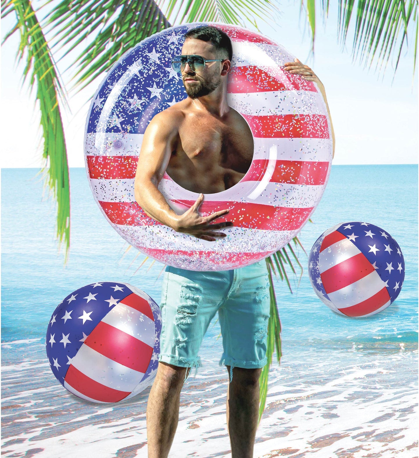POZA USA Flag Pool Float Ring & Confetti Beach Balls – 36x36x9