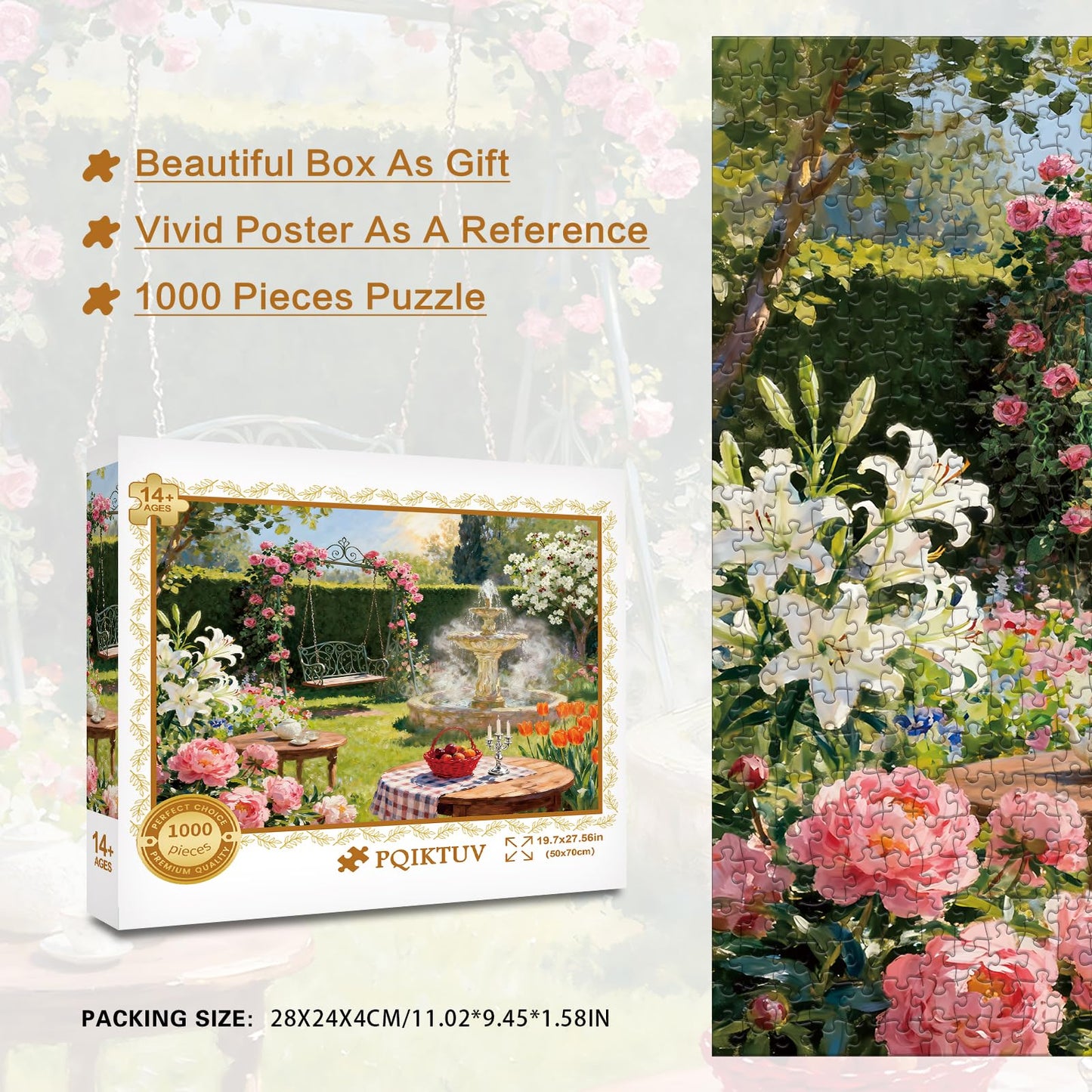 PQIKTUV 1000-Piece Garden Puzzle for Adults – Jigsaw with Letters on Back (70x50 cm)