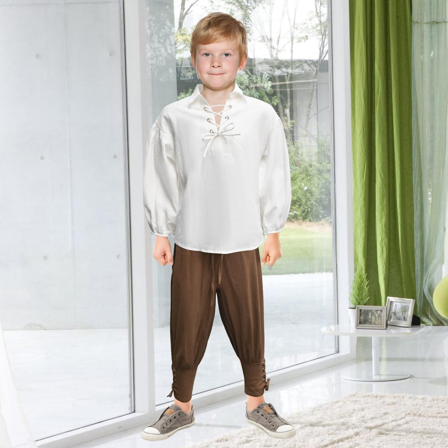 Prebene Boys Medieval Pirate Set — Shirt & Ankle Pants (4-6T) White/Brown