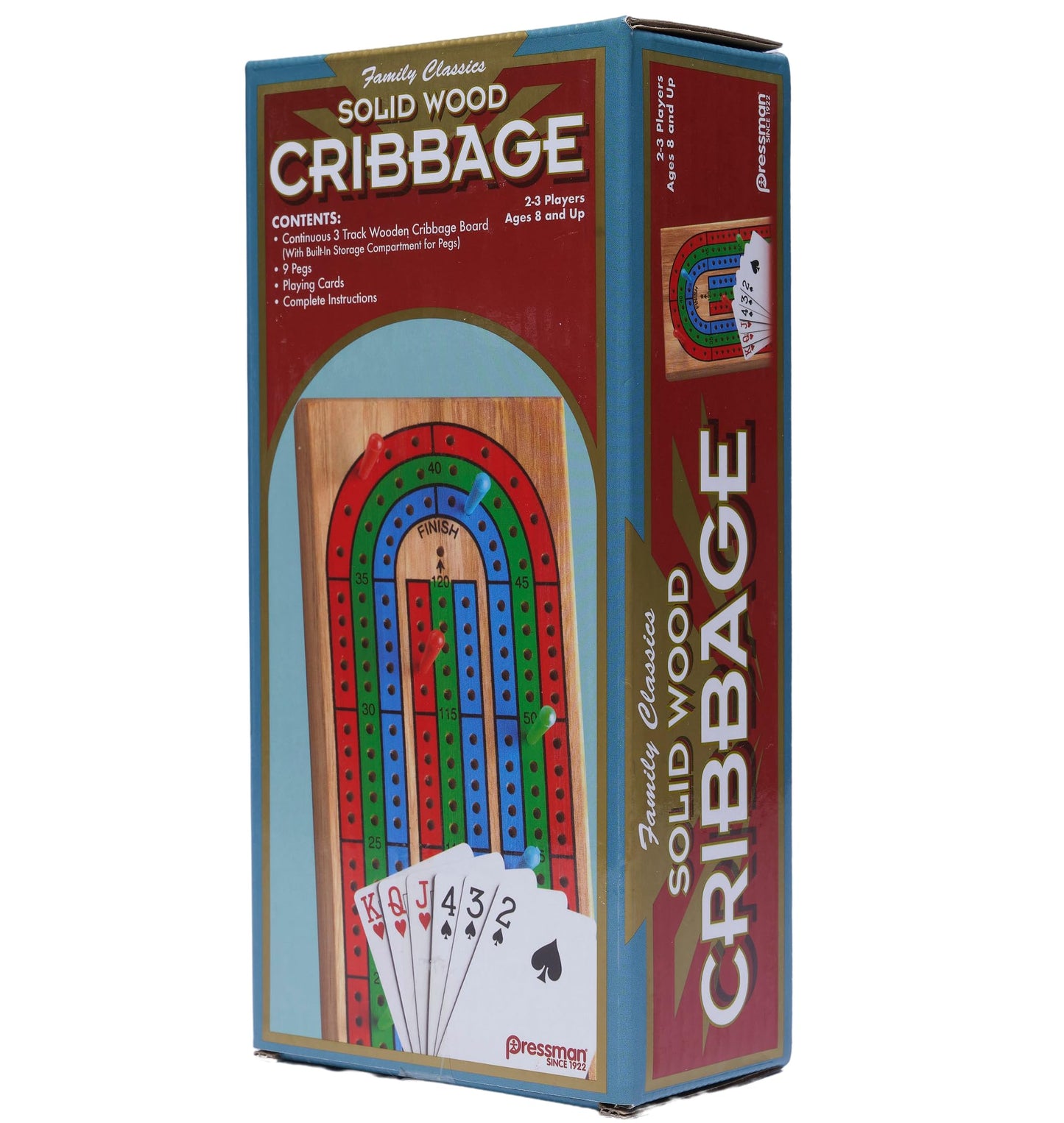 Pressman Family Classics Cribbage – Solid Wood 3-Track Board with Built-In Peg Storage
