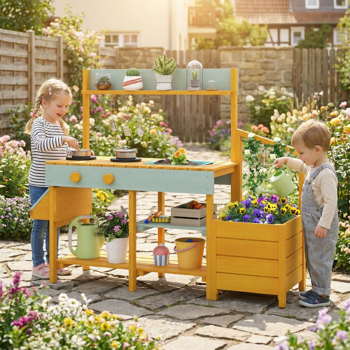 Pretend Mud Kitchen Play Kitchen with Removable Sink and Planter Boxes-Brown