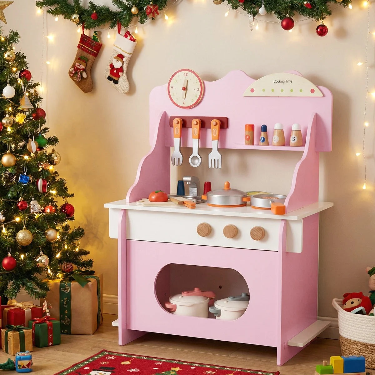 Pretend Play Toy Kitchen Set with Clock Stove Spice Rack for Aged 3+-Grey