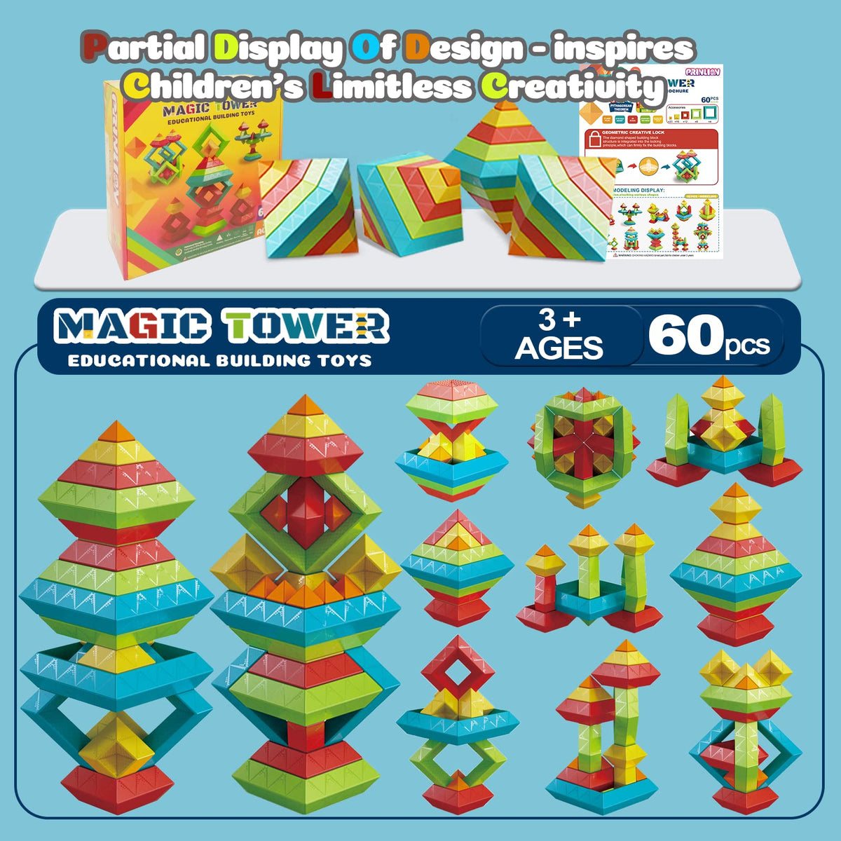 Prinlion Stacking Toys 60-Piece Montessori Blocks for Toddlers | STEM & Sensory Play