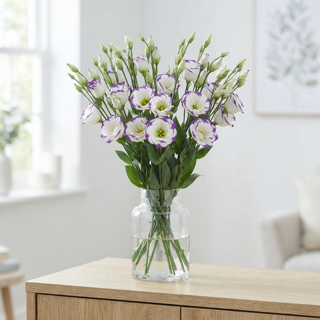 White Eustoma ‘Rosita Blue Picotee’ – 70cm Stems