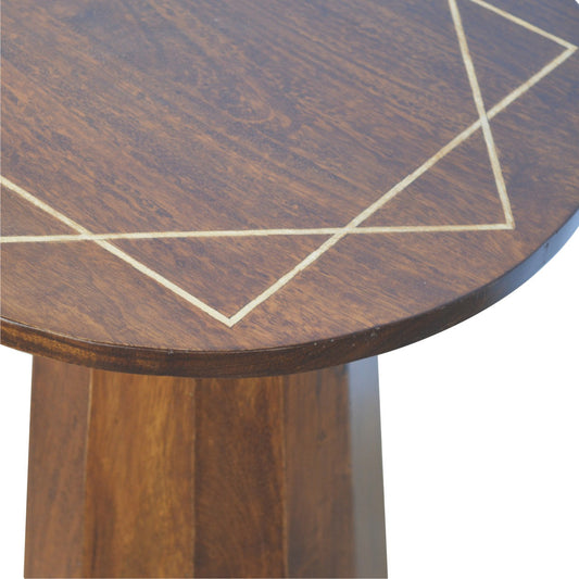 Geometric Brass Inlay End Table Accent Piece | Chestnut Mango Wood