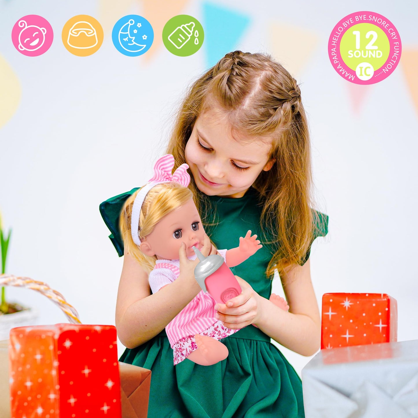 PROOU Baby Care Doll Toys Set 36PCS | 14-inch Doll, Hair Tools & Accessories for Pretend Play
