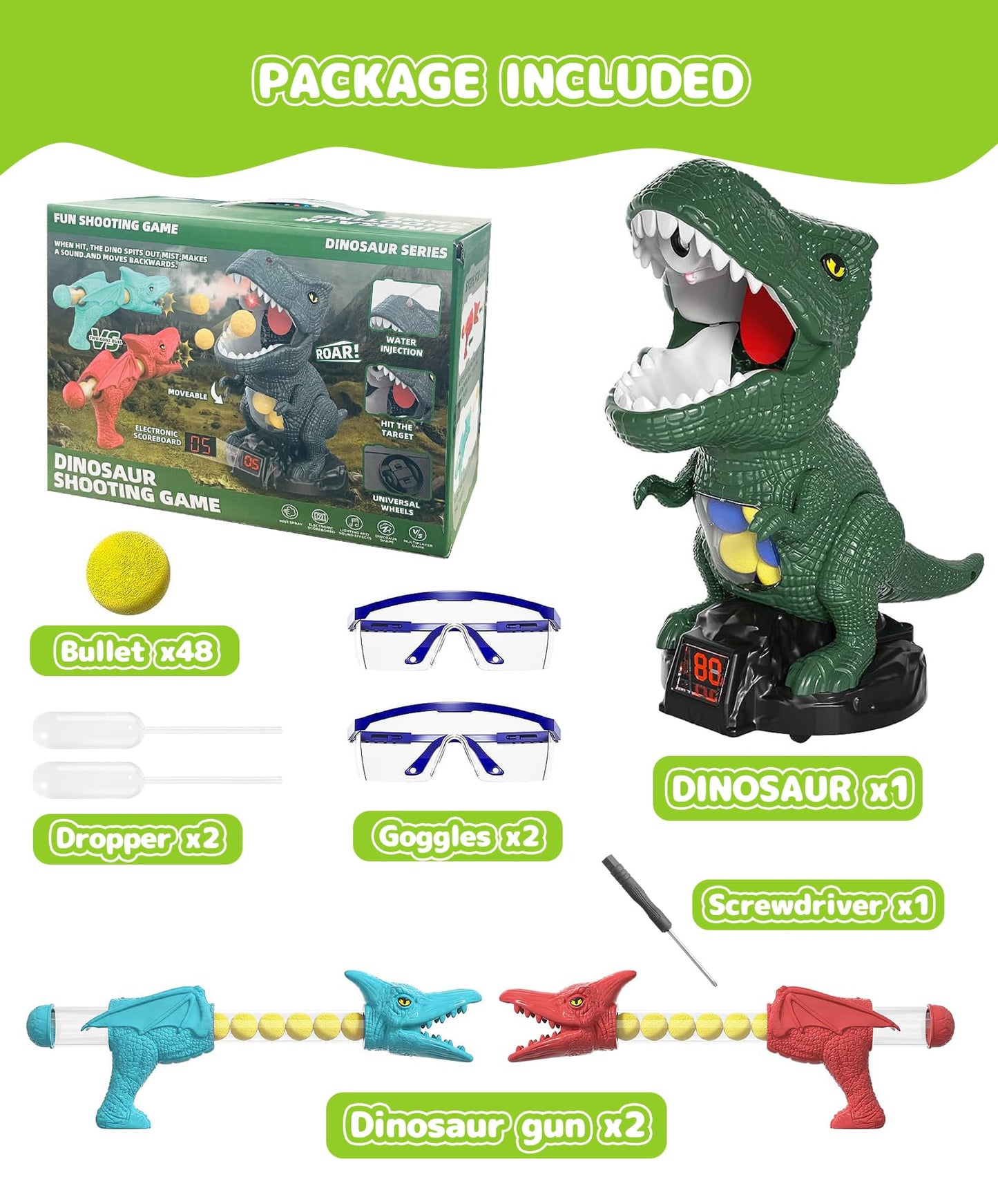 Protado Dinosaur Shooting Toy for Kids – 2 Air Pump Guns, 48 Foam Balls, LED Score, Spray & Sound (Green)