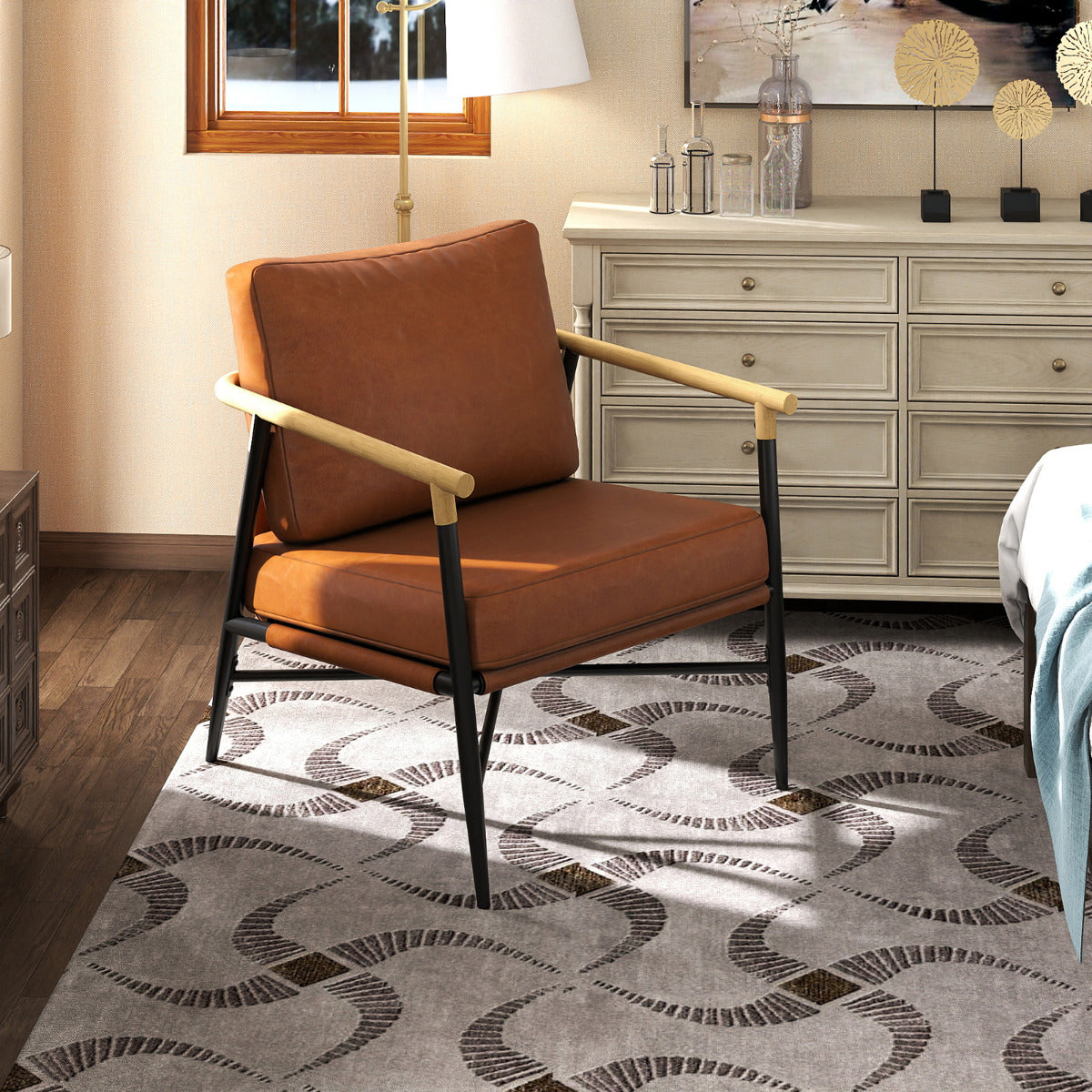 PU Leather Accent Chair with Removable Back Pillow-Brown