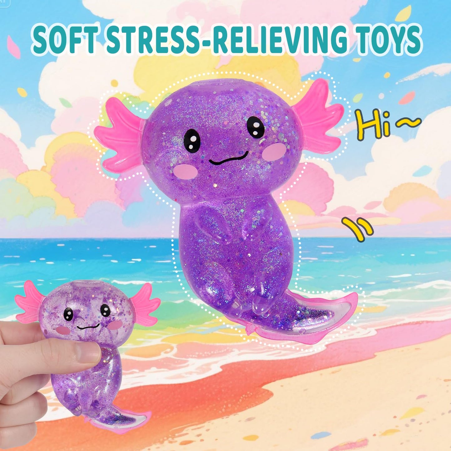 Puffwize Axolotl Squishy Glitter Purple – Fidget Toy Stress Relief for Kids & Adults