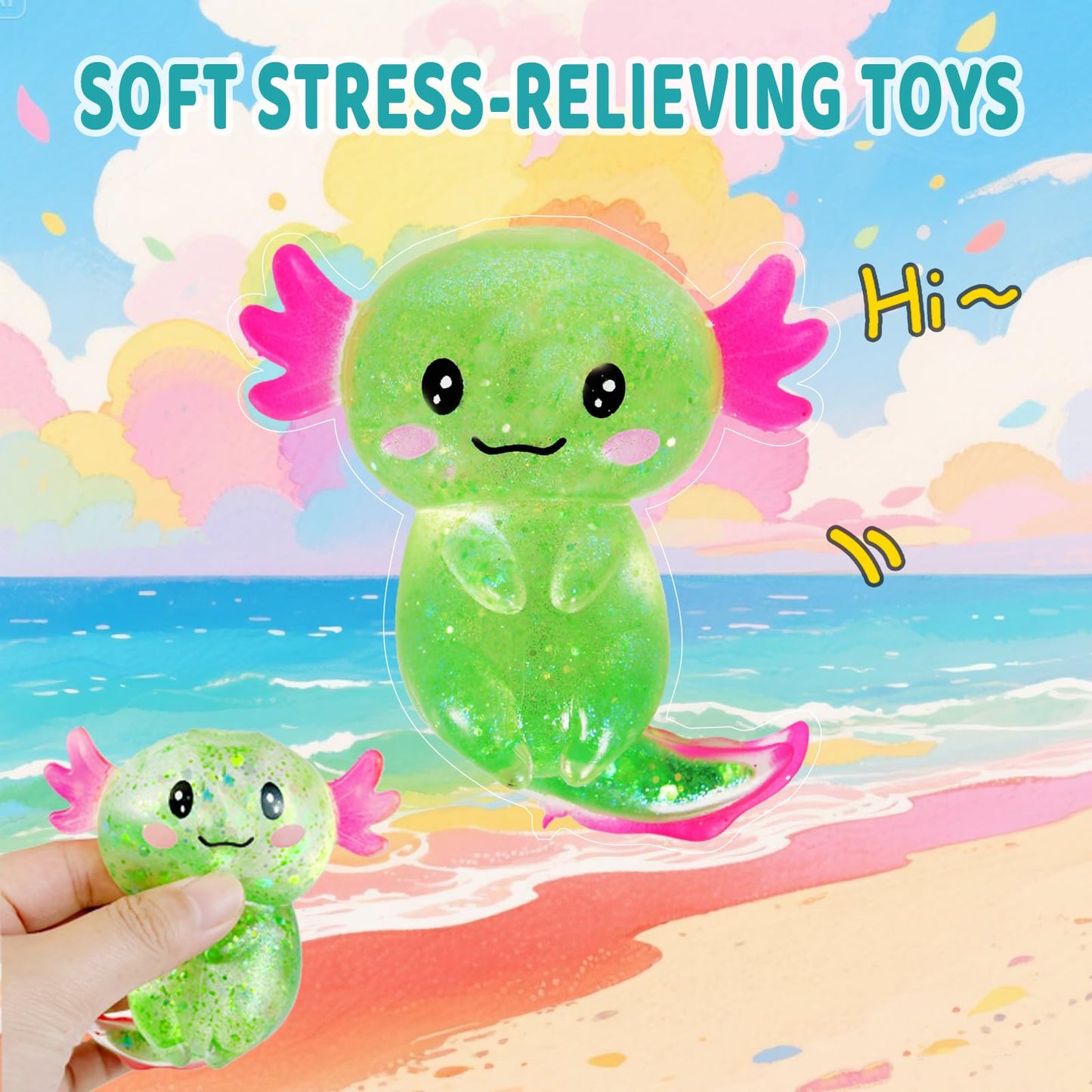Puffwize Axolotl Squishy Stress Relief Toy – Glitter Fidget for Anxiety & Focus (Green)