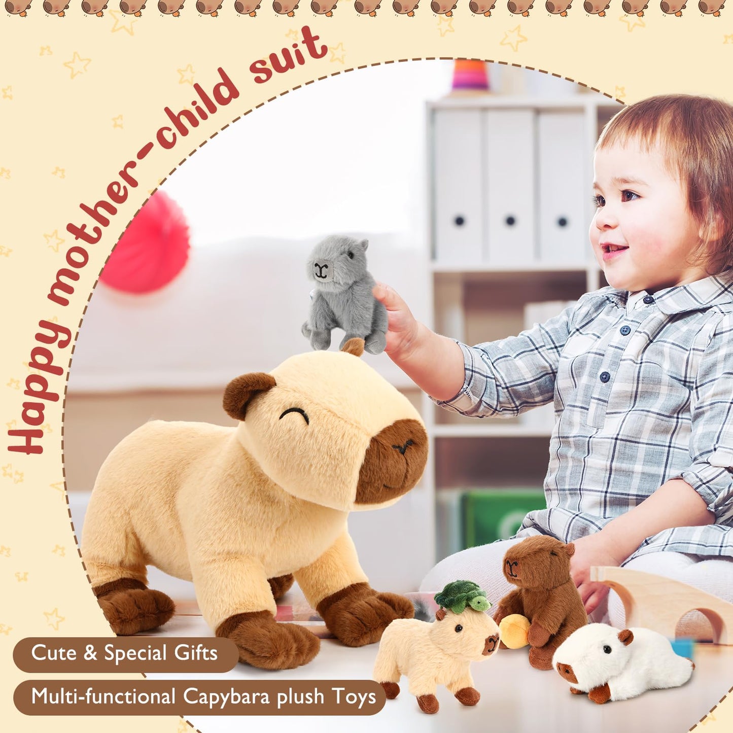 PullCrease 5-in-1 Capybara Plush Set – Mommy with 4 Babies, 15.75'' Standing Capybara Toy