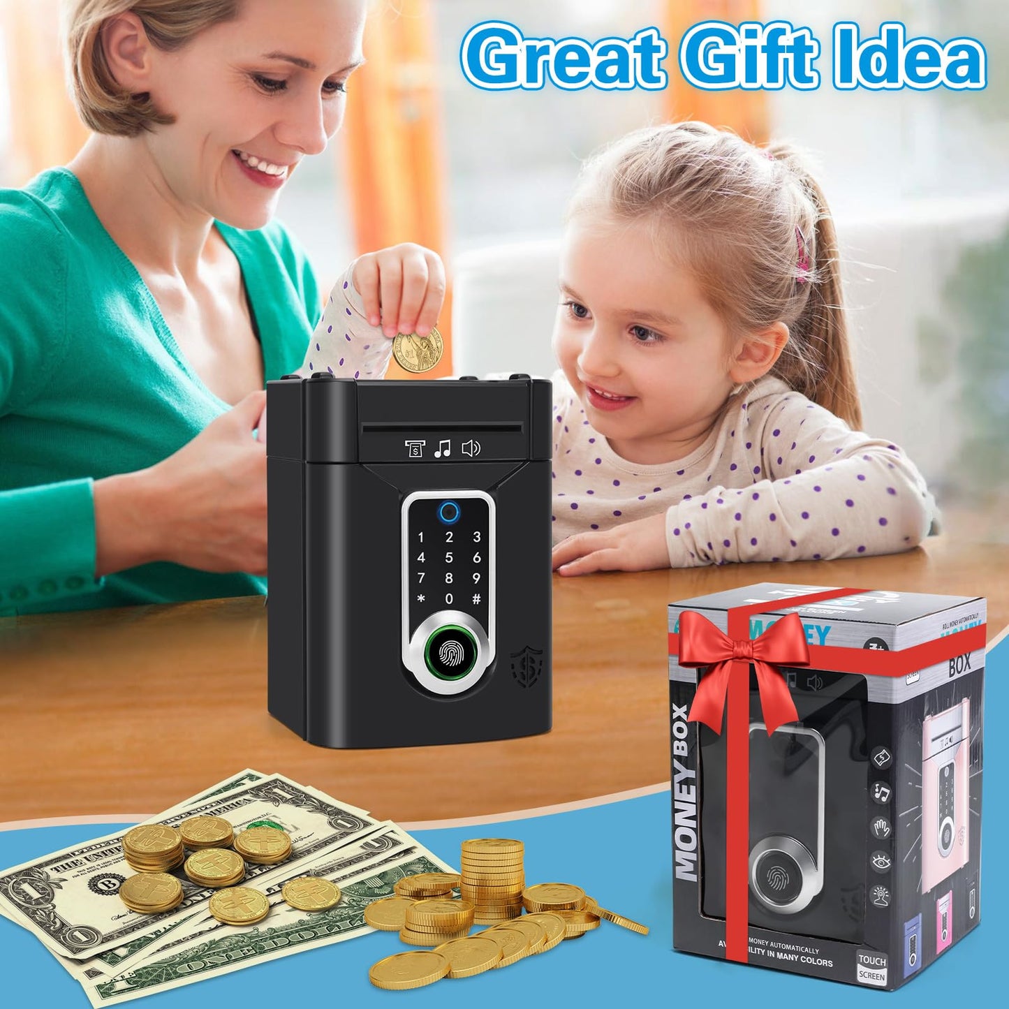 Pupidiu Fingerprint Piggy Bank for Kids | Touchscreen Money Box with 600-Coin Capacity