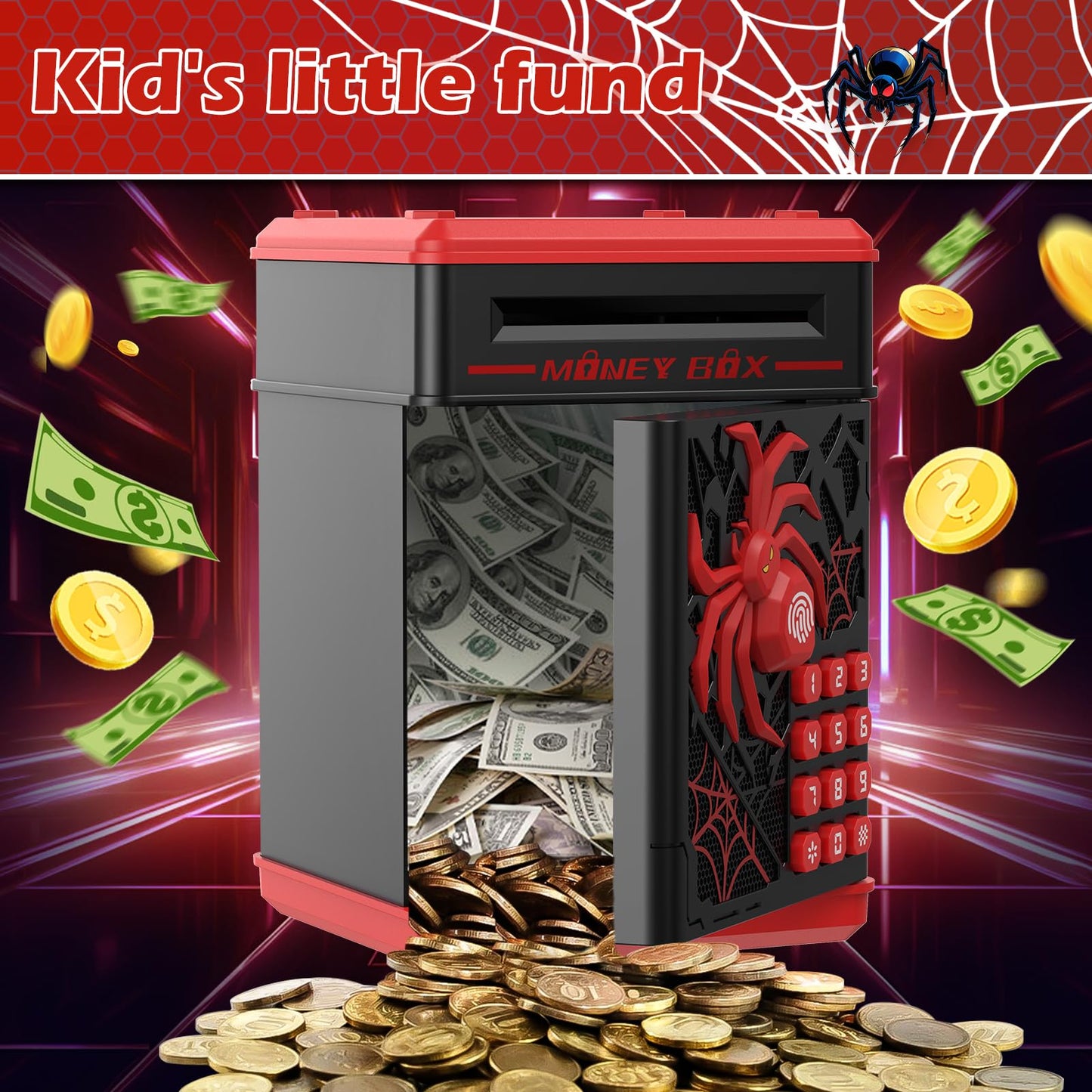 Pupidiu Spider Fingerprint Piggy Bank – Interactive ATM-Style Savings Box for Kids (Black)