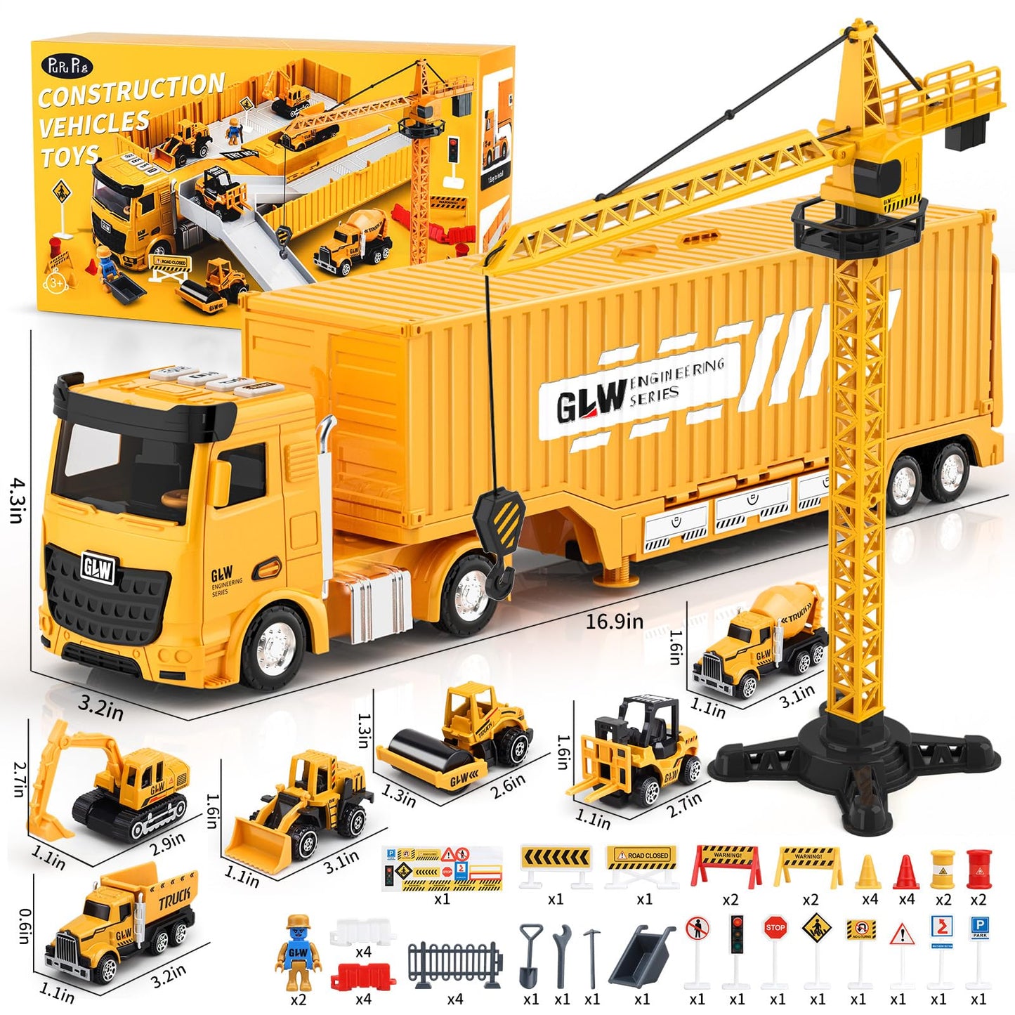 Pupu Pig Kids Construction Toys Set – 60-Piece Truck & Crane Playset (Ages 3-7)