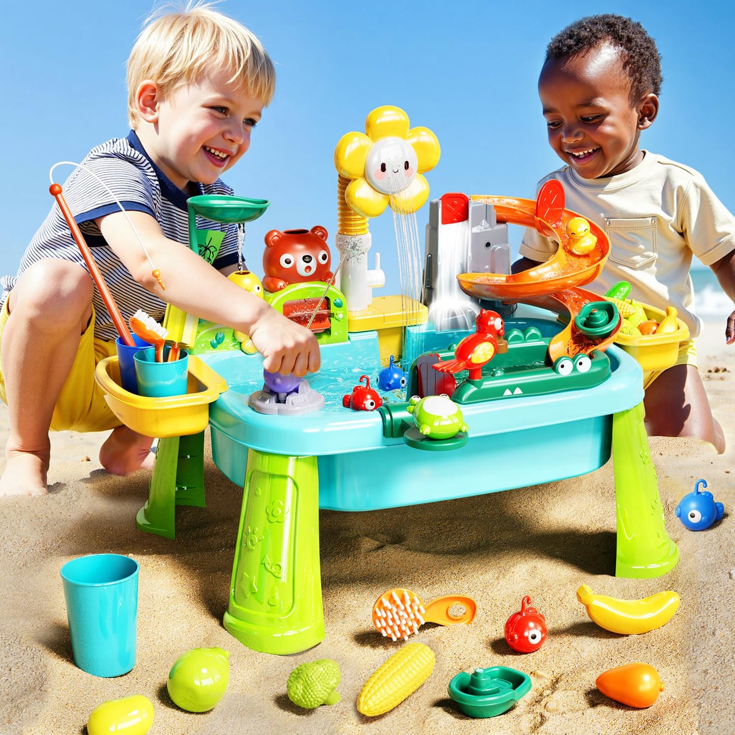 Pupu Pig Water Table Play Sink Toys for Toddlers – 360° Faucet, Floating Fishing Game & Color-Changing Sensory Table