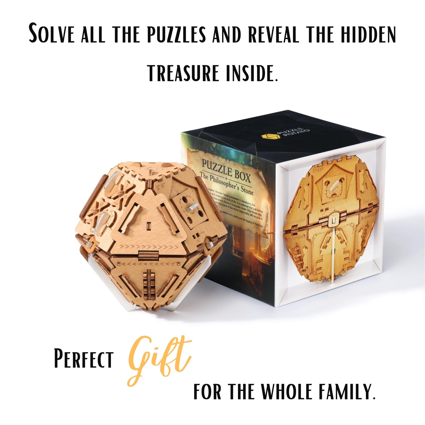 Puzzle Potato Philosopher's Stone Puzzle Box – 3D Brain Teaser, Wooden Treasure Chest, Money Gift Box (Metal)