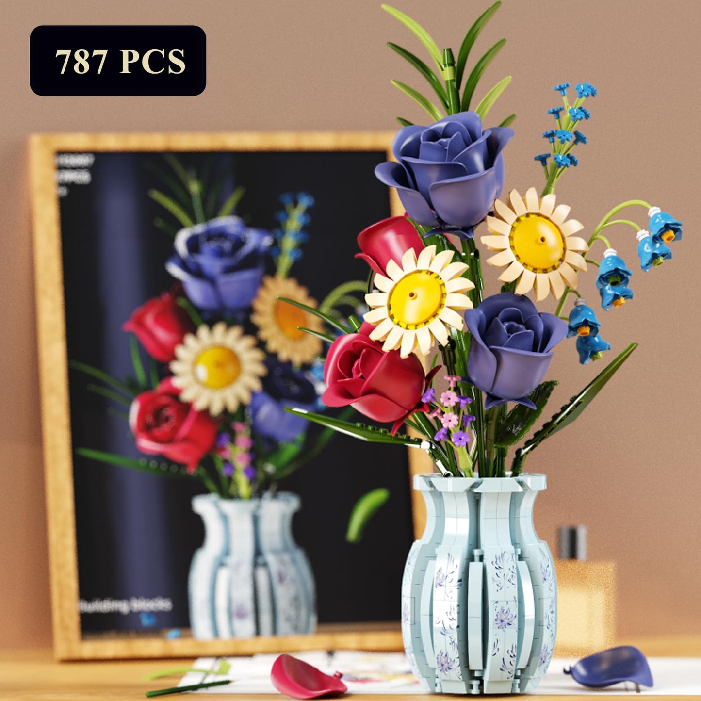 QARULUS Roses Flower Bouquet Building Set | 787 Pieces with Vase – Gift Idea for Women