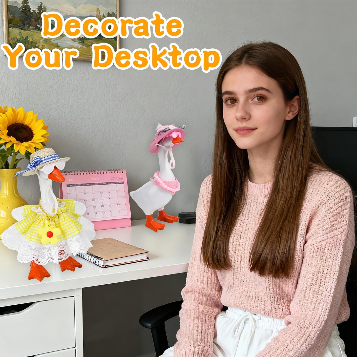 QAUYETM 6-Piece Mini Desk Goose Outfit Set for 7-Inch Goose – Hats, Dresses, Sunglasses & Accessories