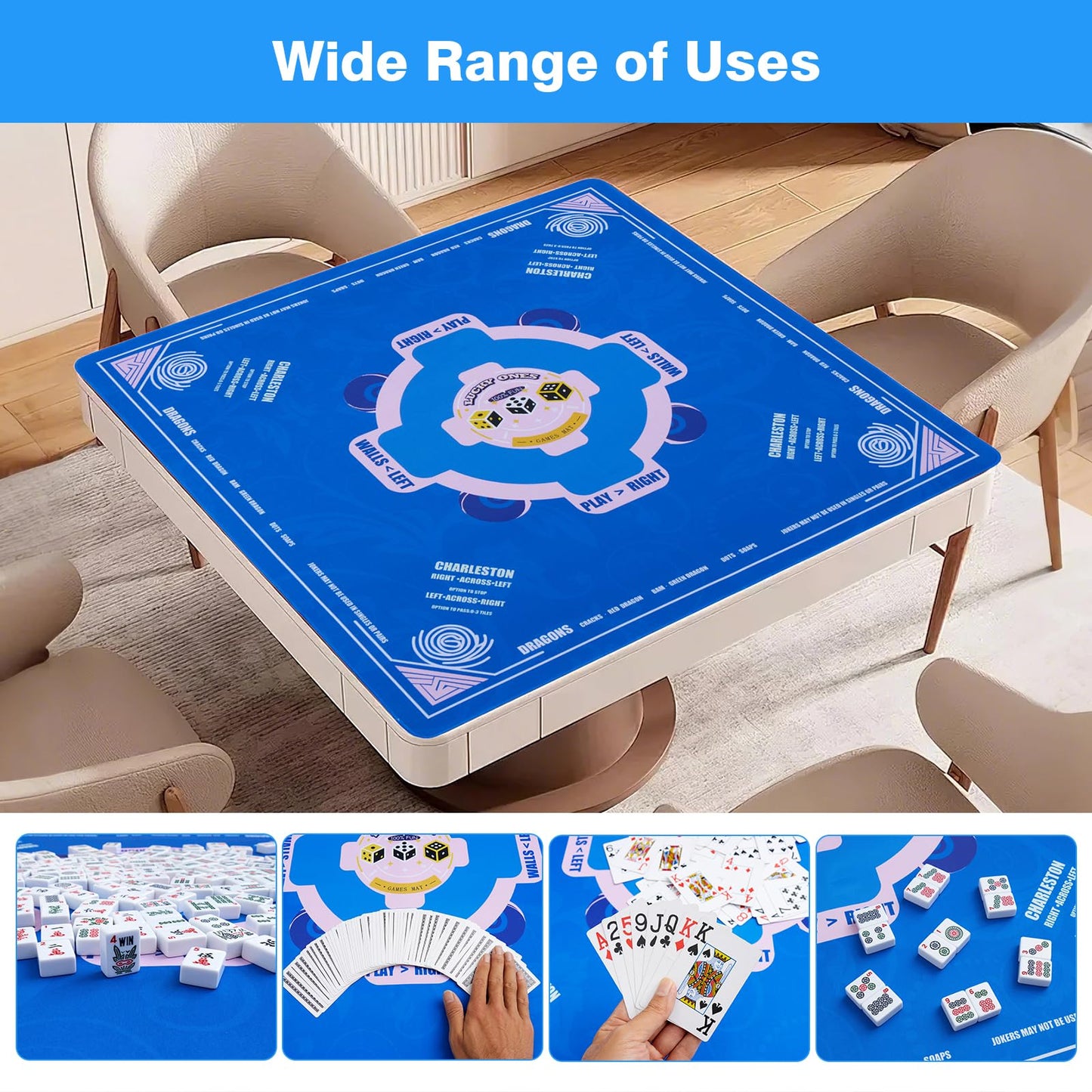 QAZWQAZ Mahjong Mat 33x33 | Noise-Reducing Non-Slip Table Mat with Dice & Carry Bag – Blue
