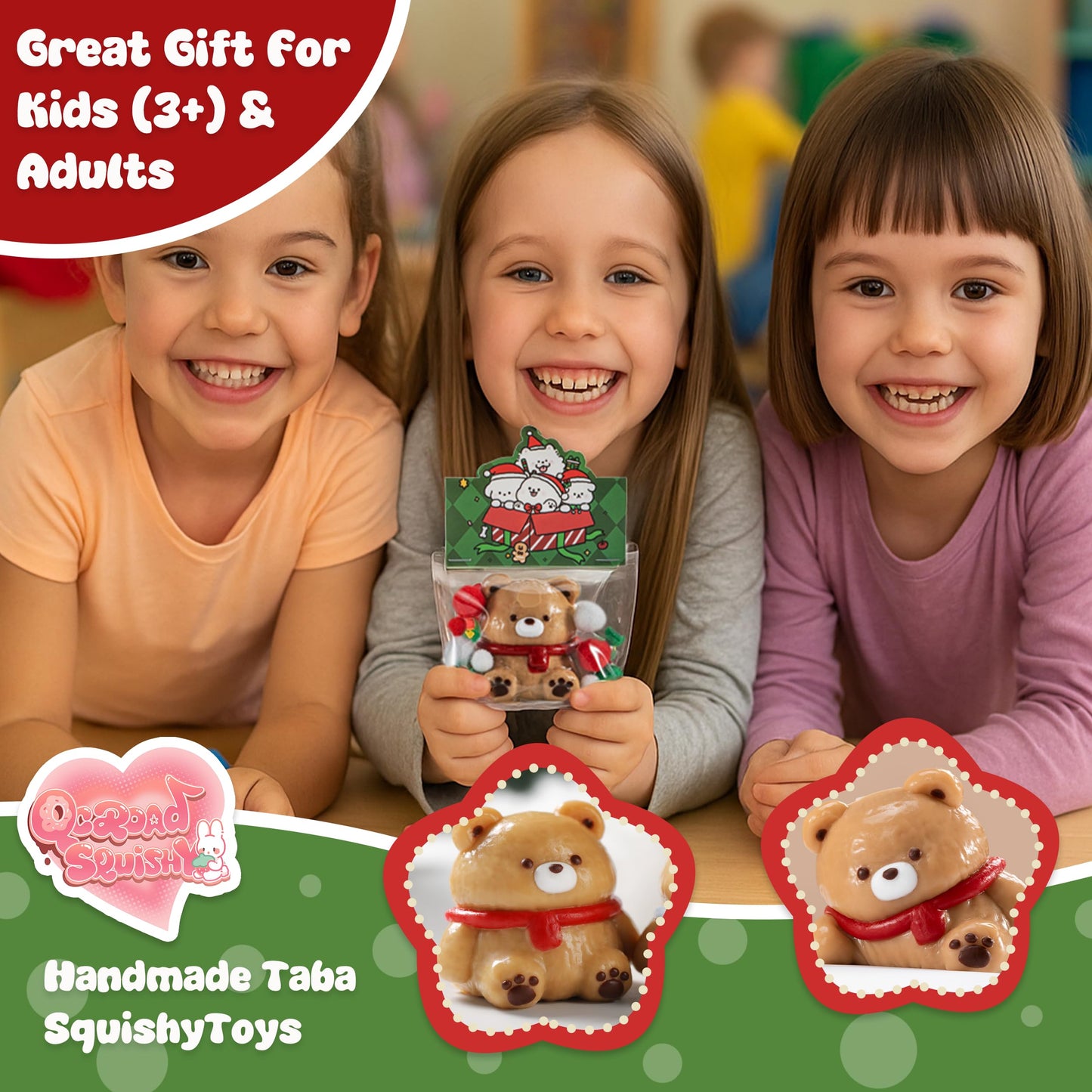 QCROAD SQUISHY Taba Bear Squishy - Original Silicone Stress Relief Toy (Red Scarf Bear)
