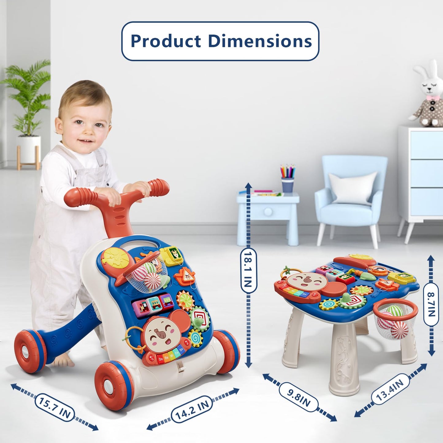 QDRAGON 3-in-1 Baby Walker & Activity Center – Learn to Walk, Sit-to-Stand Push Toy with Music Panel, Blue (12-18 Months)