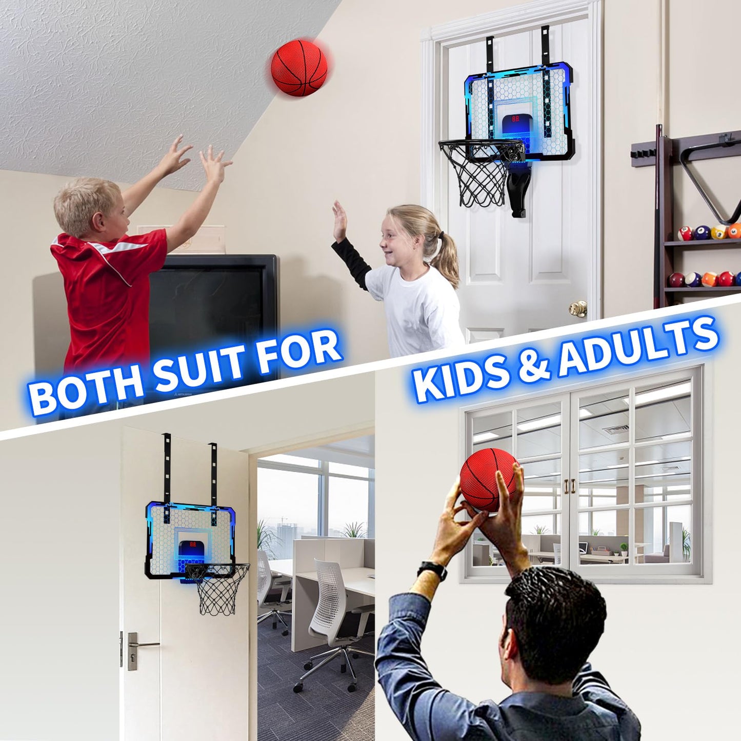 QDRAGON Indoor Basketball Hoop for Kids — Over-the-Door Mini Hoop with 7 LED Colors, Adjustable 4-Height Setup