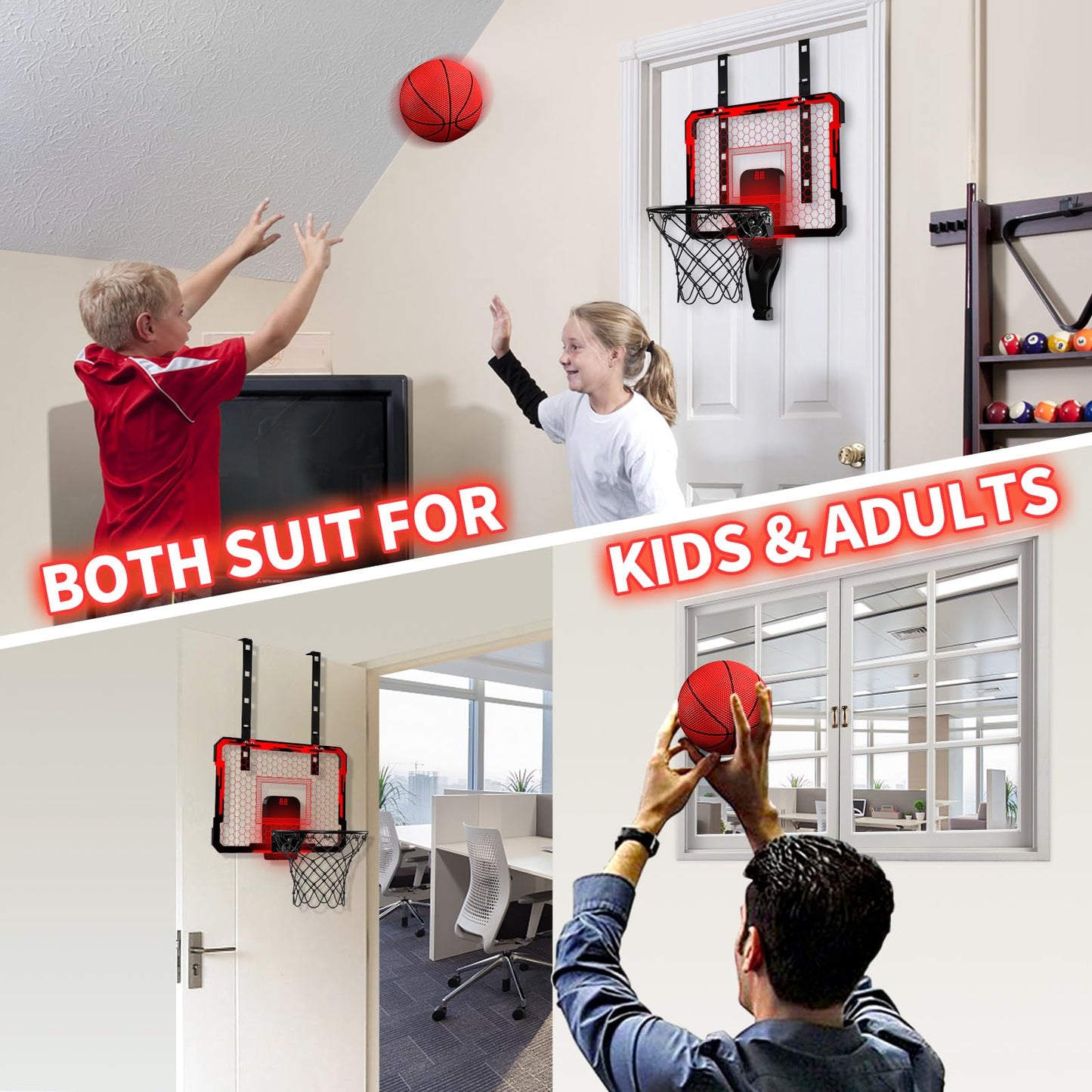 QDRAGON Indoor Basketball Hoop for Kids – 7 LED Lights, Over-the-Door Mini Hoop