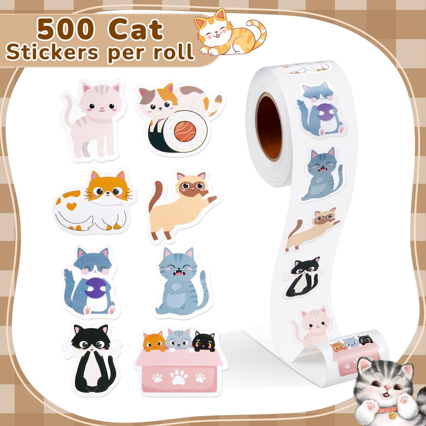 Qeeenar 1 Roll Cat Stickers – 500 Pcs Multicolor Kawaii Decals for School, Office, Party Favors