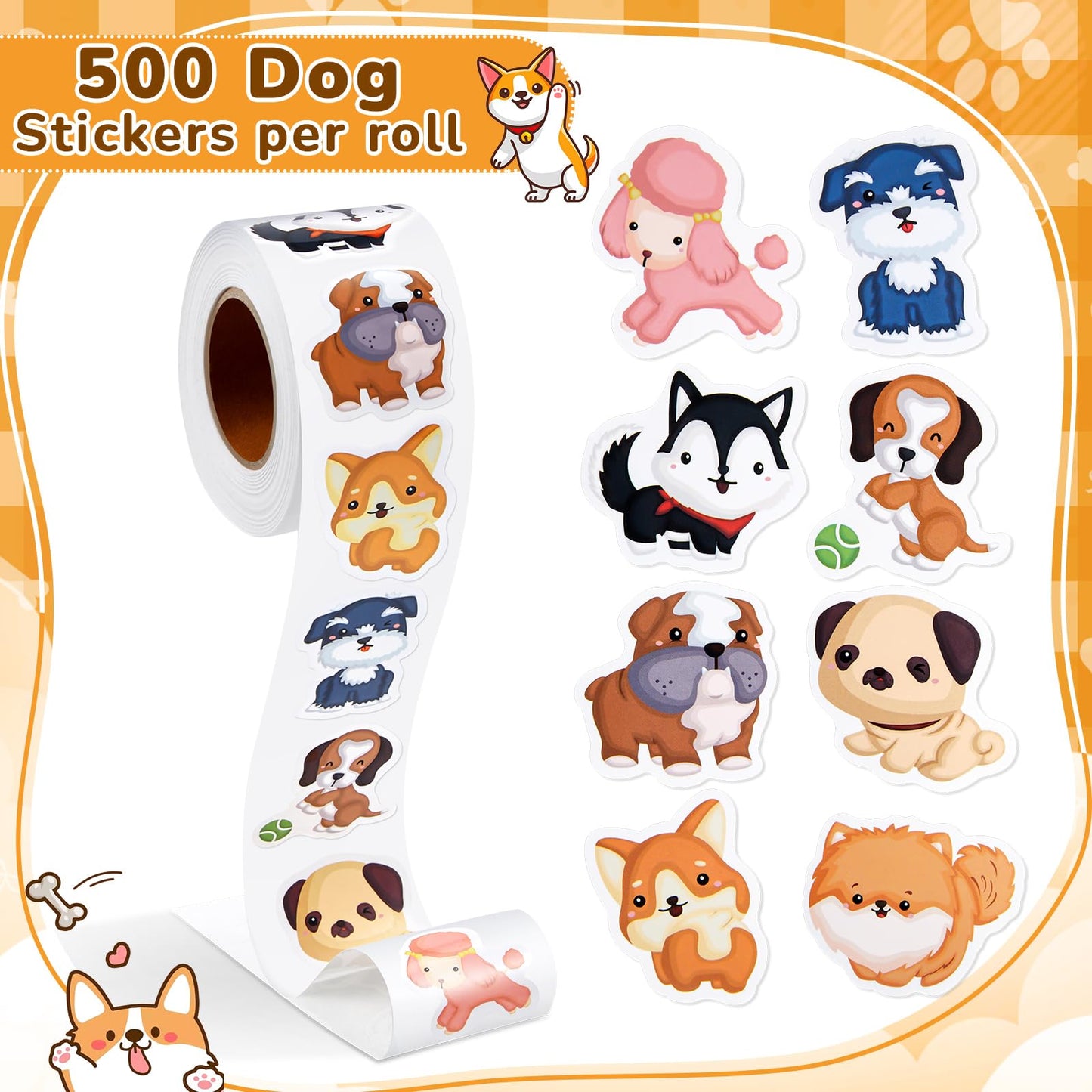 Qeeenar 1 Roll Dog Stickers – 500 Watercolor Stickers for Crafts & Party Favors