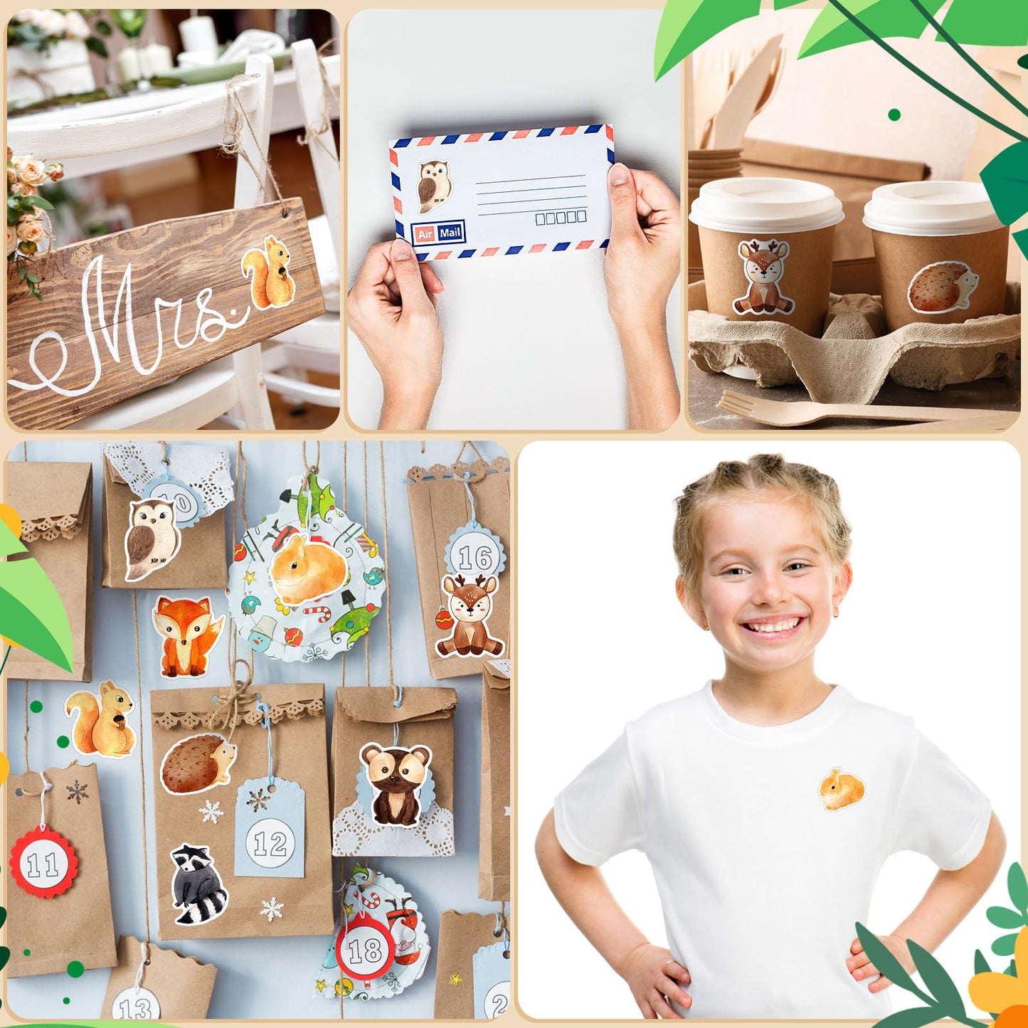 Qeeenar Forest Animal Stickers Roll – 500 Watercolor Stickers for Rewards, Party Favors & Crafts