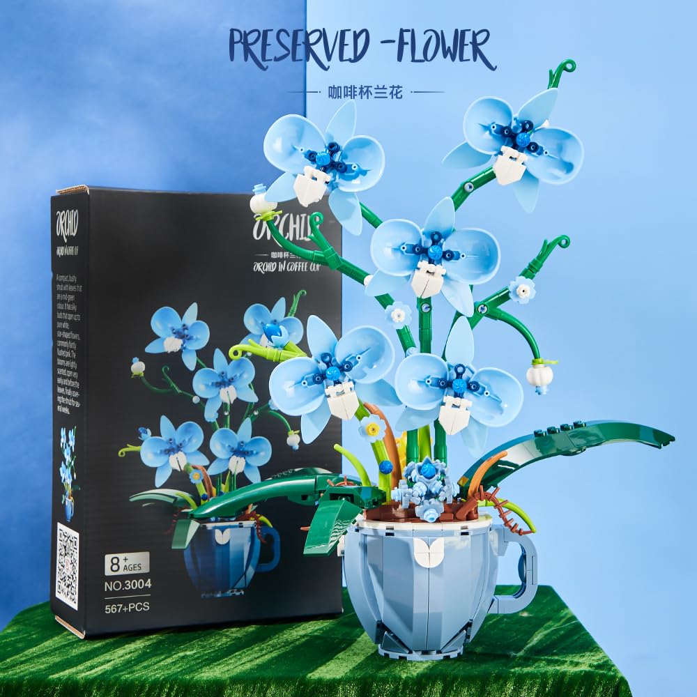 QFJ Ideas Blue Orchid Flower Building Block Set – 567PCS DIY Home Decor Kit for Adults