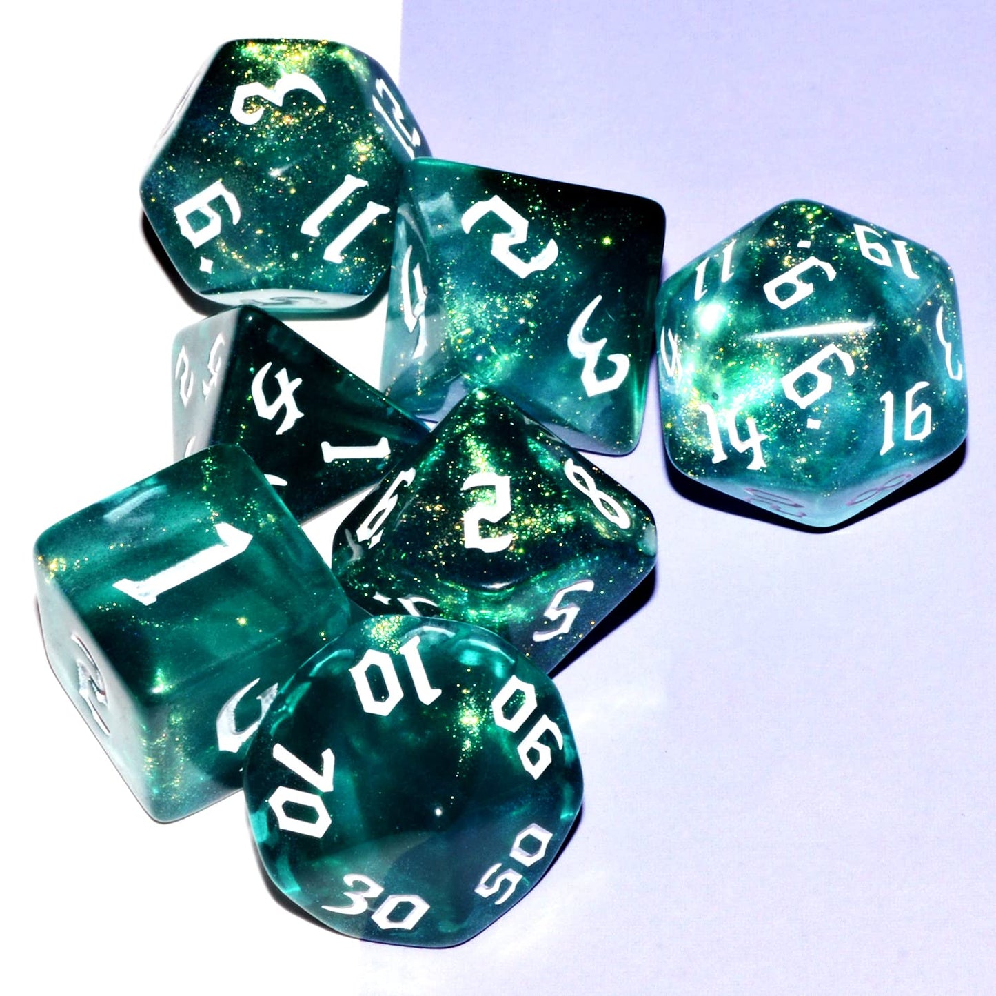 Galaxy Dice Set – Dark Green & Cyan Glitter Resin DND Dice | QiAN SiMAi