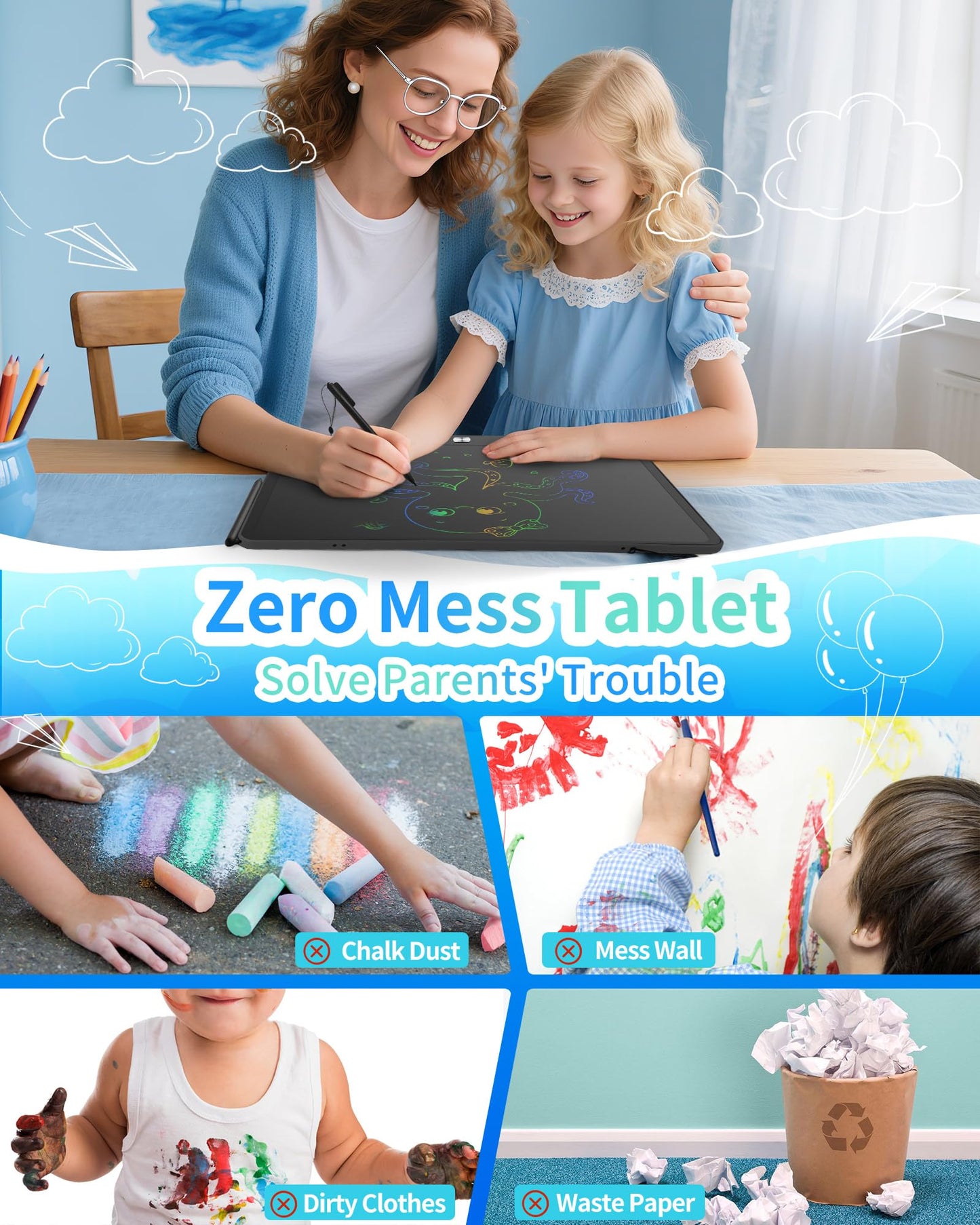 QIAOBUQI 16-Inch Rechargeable LCD Writing Tablet for Kids – Colorful Doodle Pad (Blue)