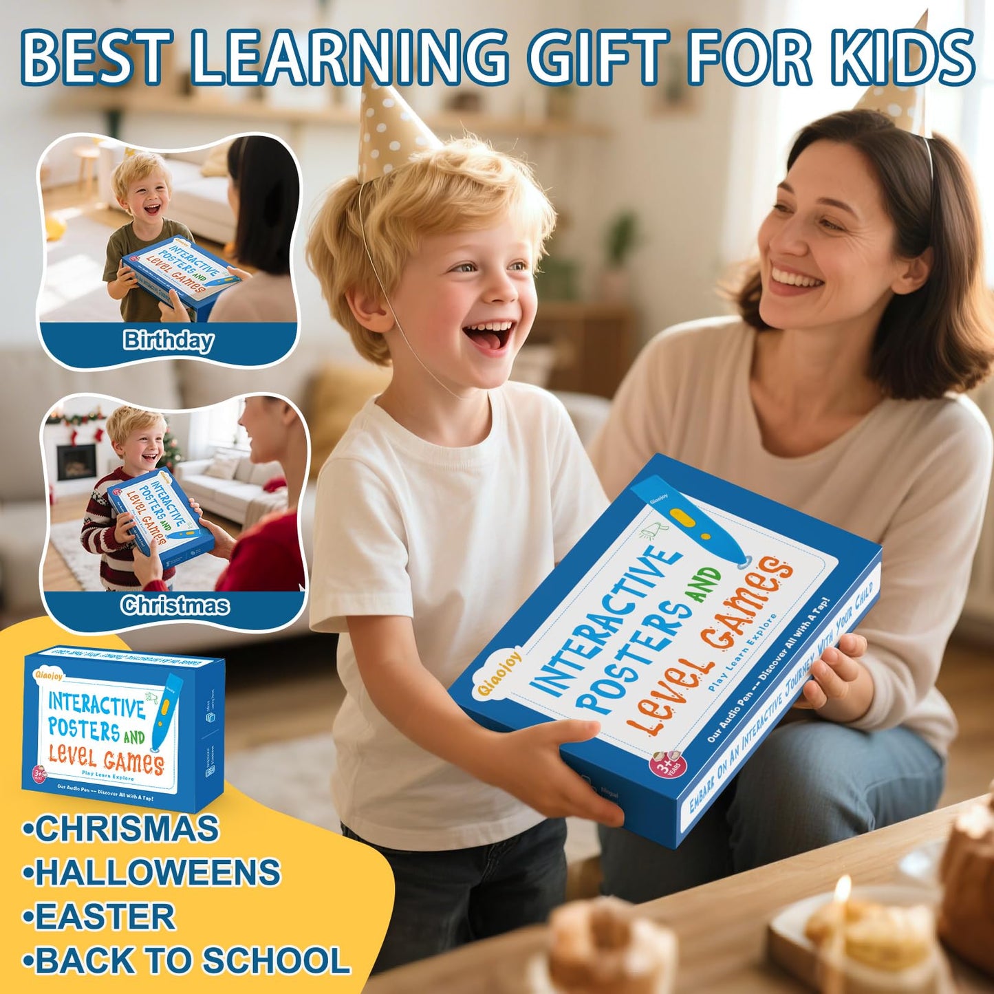 Qiaojoy Bilingual World Map & Dinosaur Poster – Interactive Learning Toy for Kids 3–12