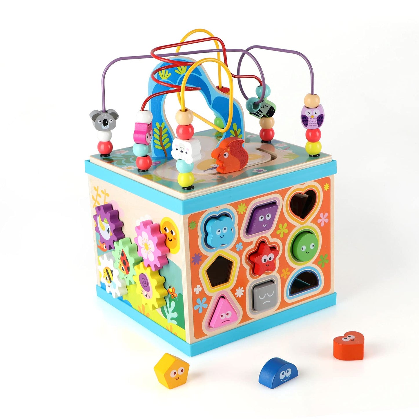Qilay 5-in-1 Wooden Activity Cube for Toddlers – ABC-123 Abacus, Bead Maze, Shape Sorter, Clock