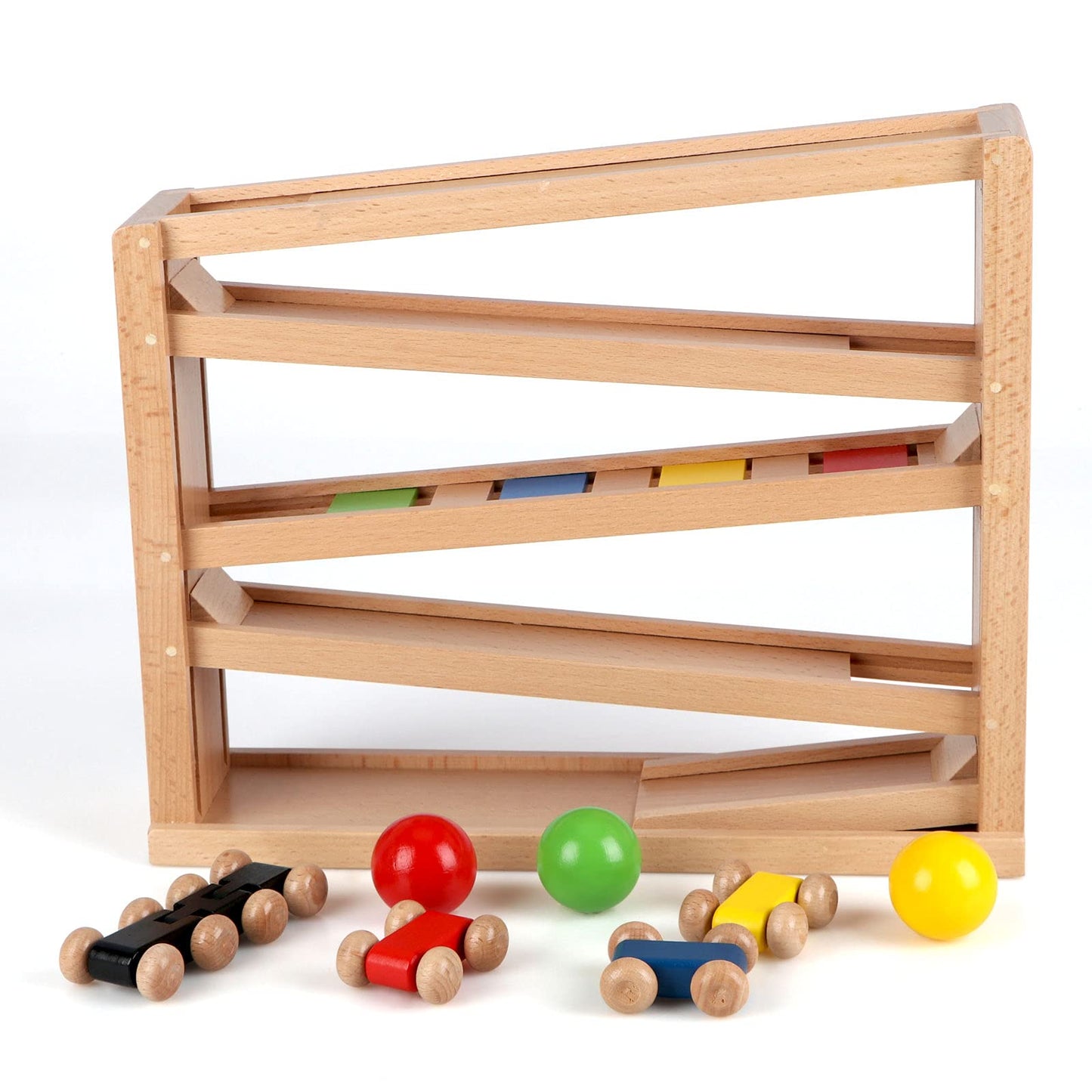 Qilay Wooden Race Track Car Ramp Toy for Toddlers – 5 Rainbow Racers & 2 Balls