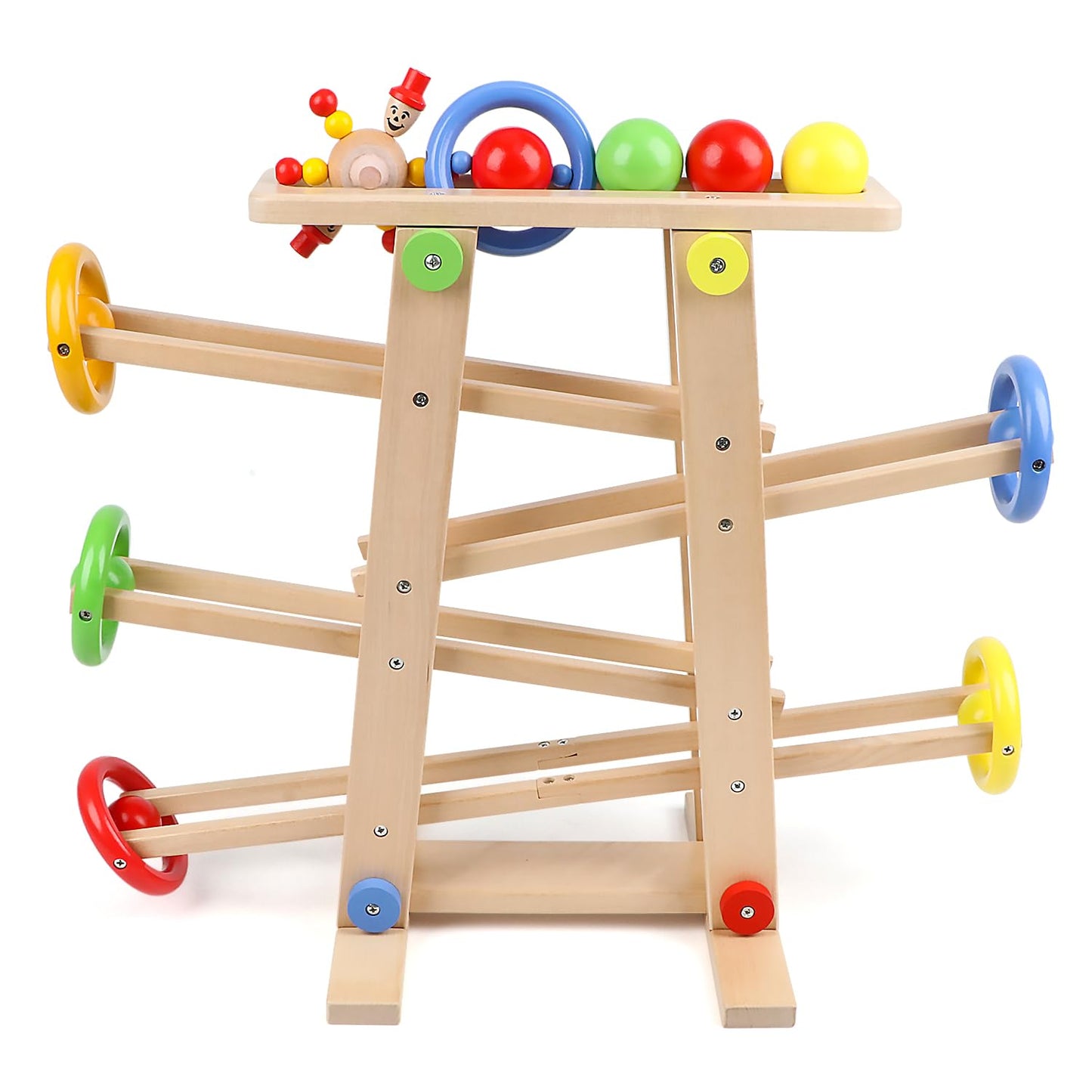 Qilay Wooden Race Track Toy for Toddlers 1-3 – 5 Tracks, 4 Balls, Montessori Ramp Racer