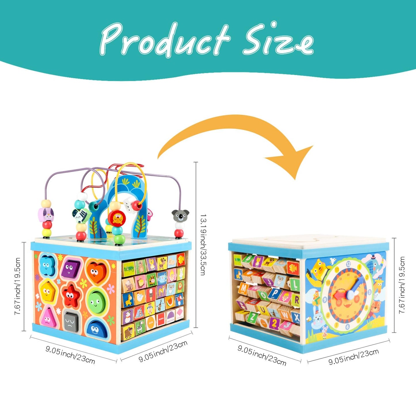 Qilay Wooden 5-in-1 Activity Cube for Toddlers | Bead Maze, ABC-123 Abacus, Shape Sorter