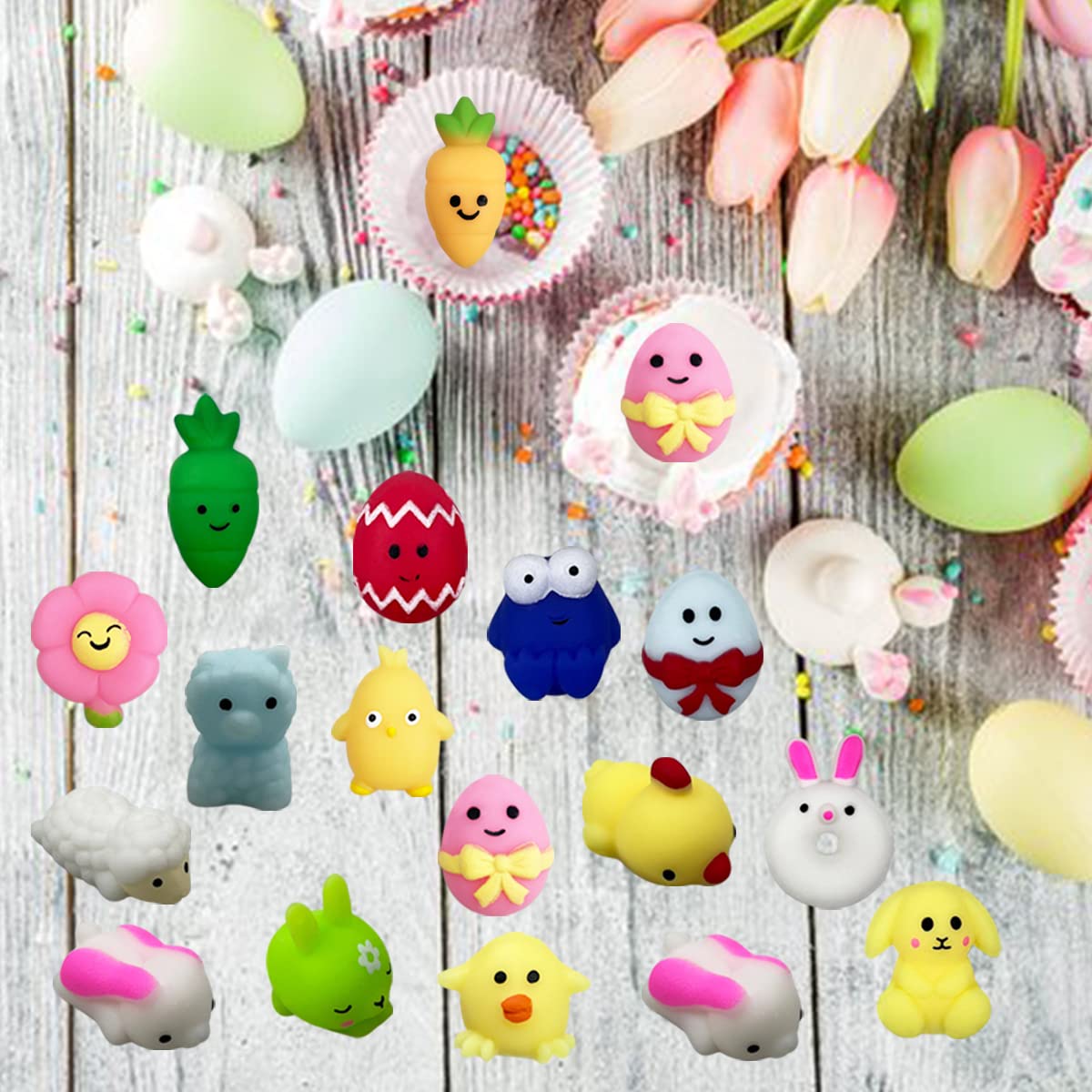 QINGQIU 72 PCS Easter Mochi Squishy Toys – 24 Styles for Kids, Easter Basket Stuffers