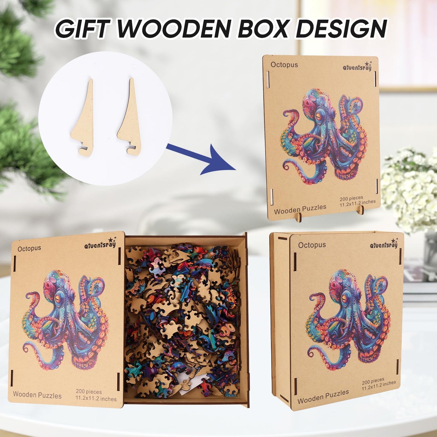Qiuenisray 1000-Piece Octopus Ocean Wooden Jigsaw Puzzle – FSC Certified, Unique Shape, 23.4x23.5 in | Wall Decor & Family Game