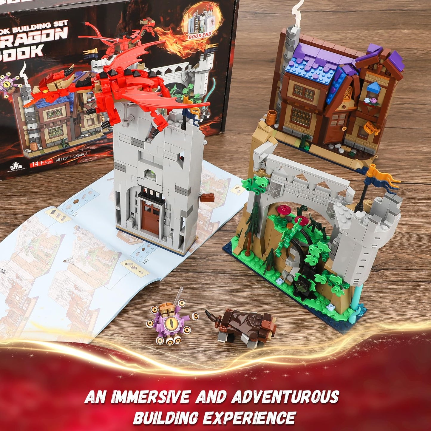 QJYAMK Red Dragons Medieval Castle Book Nook – 1234-Piece Build Set for Shelves